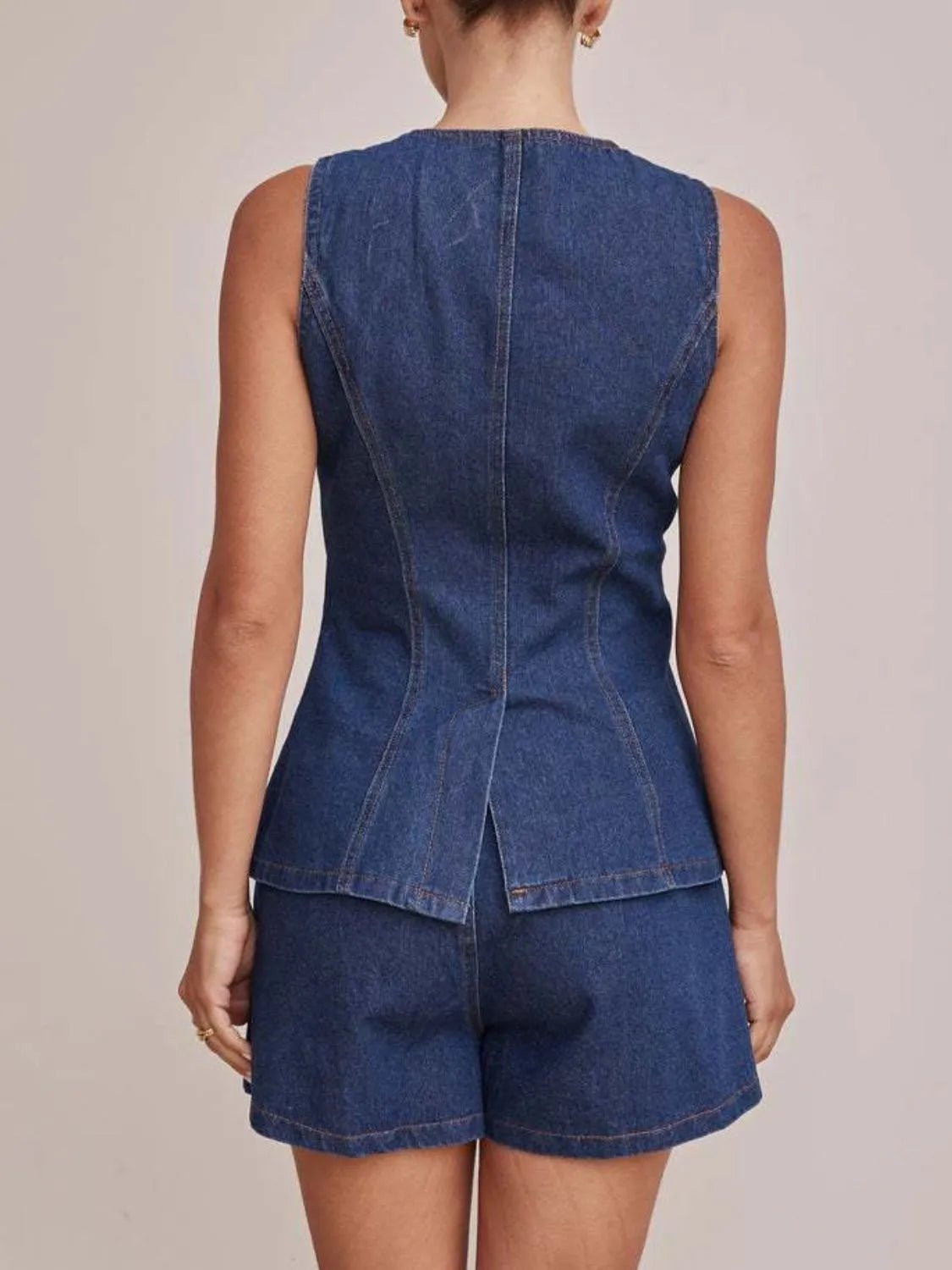 Button Down Vest and Shorts Denim Set - Lookzlike