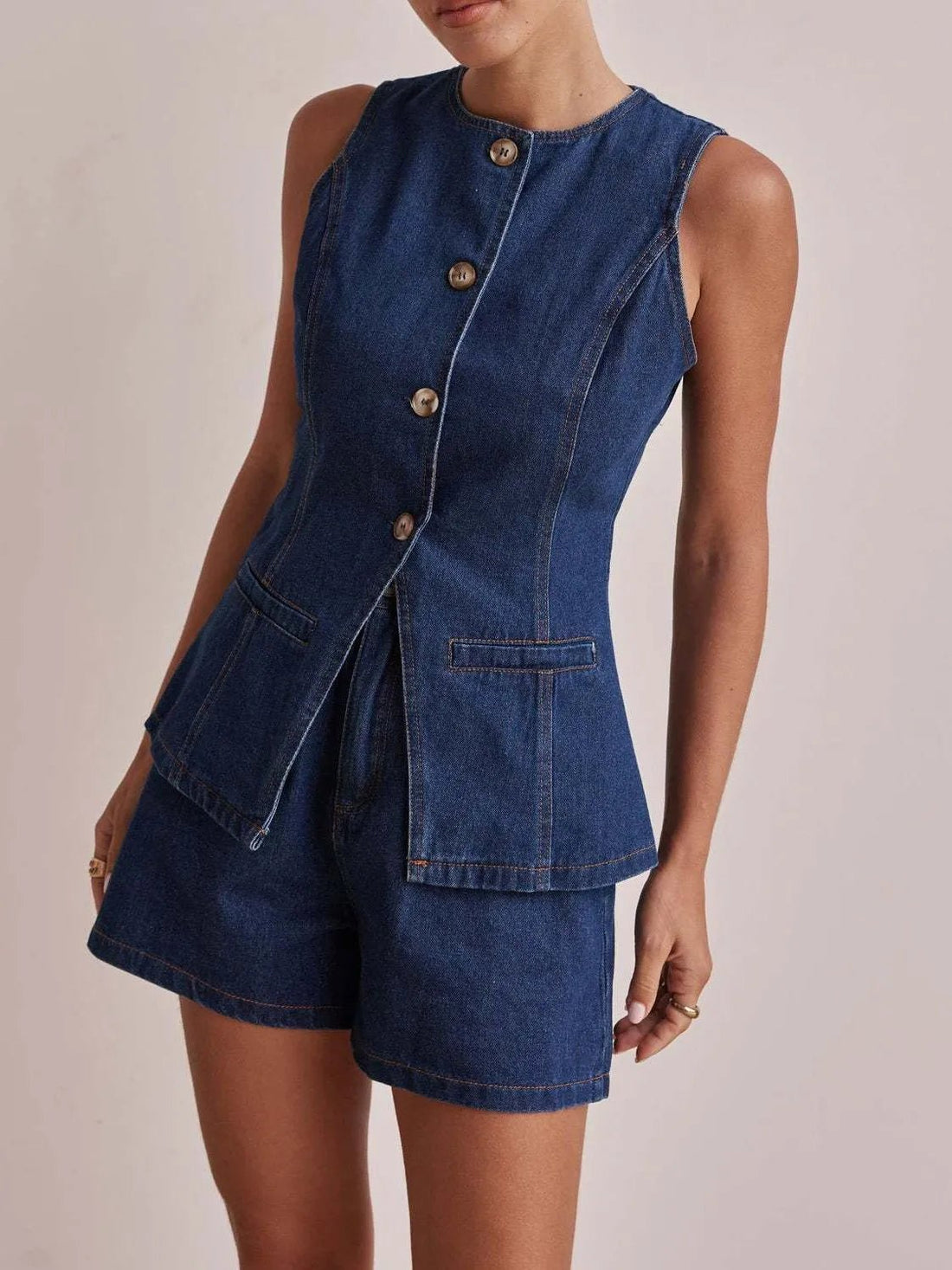 Button Down Vest and Shorts Denim Set - Lookzlike