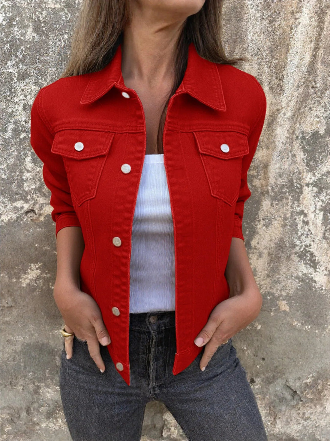 Button Front Closure Denim Jacket designed for comfort and style at Lookzlike