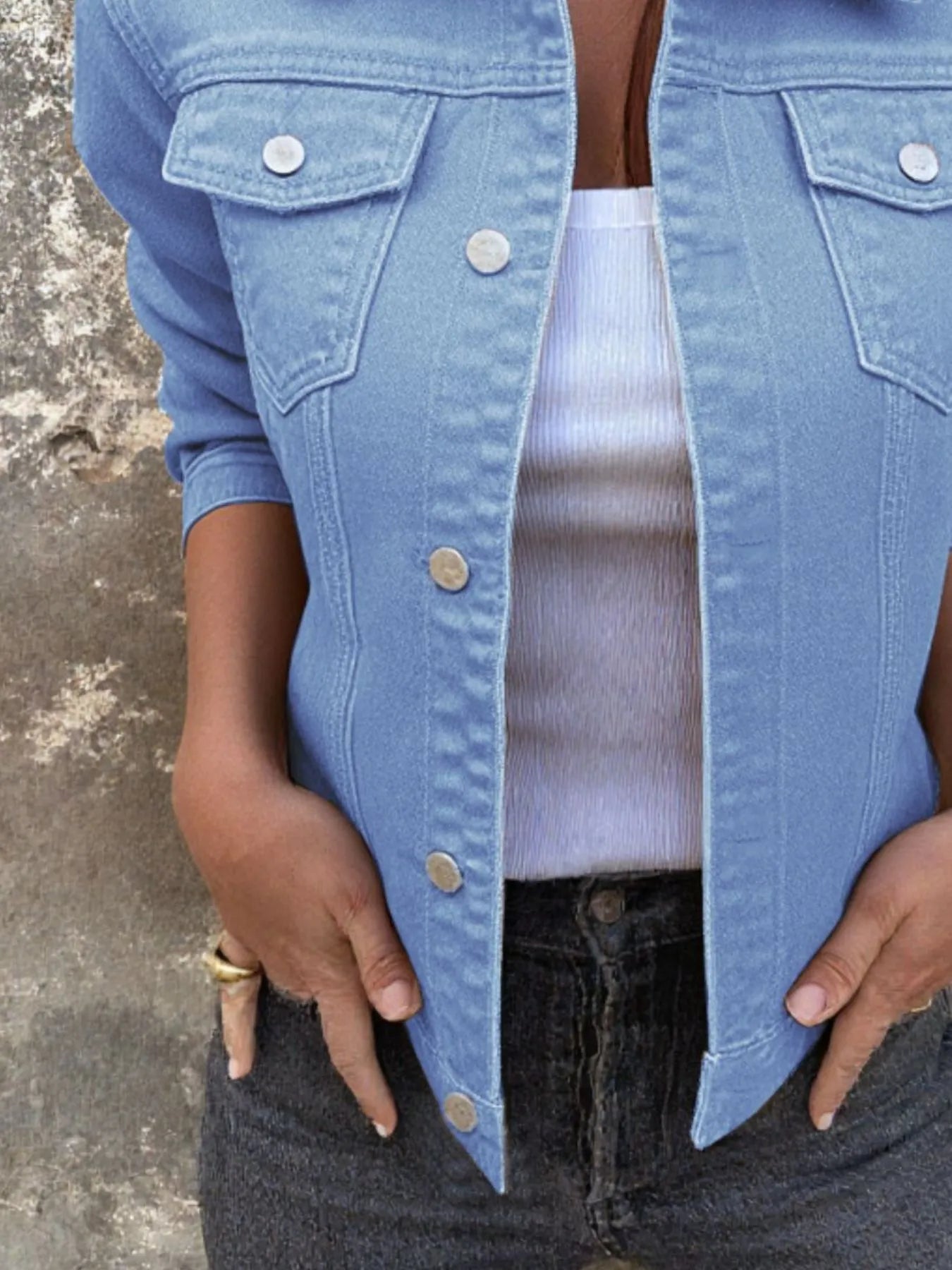 Button Front Closure Denim Jacket designed for comfort and style at Lookzlike