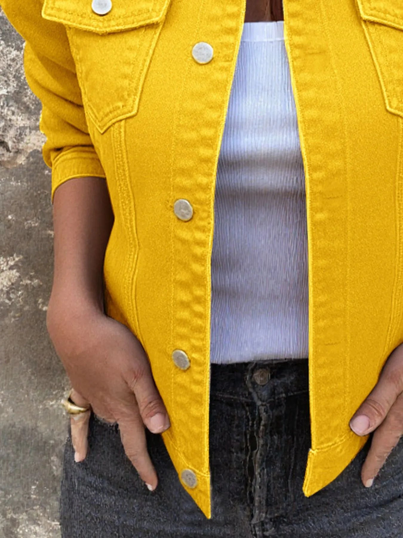 Button Front Closure Denim Jacket designed for comfort and style at Lookzlike