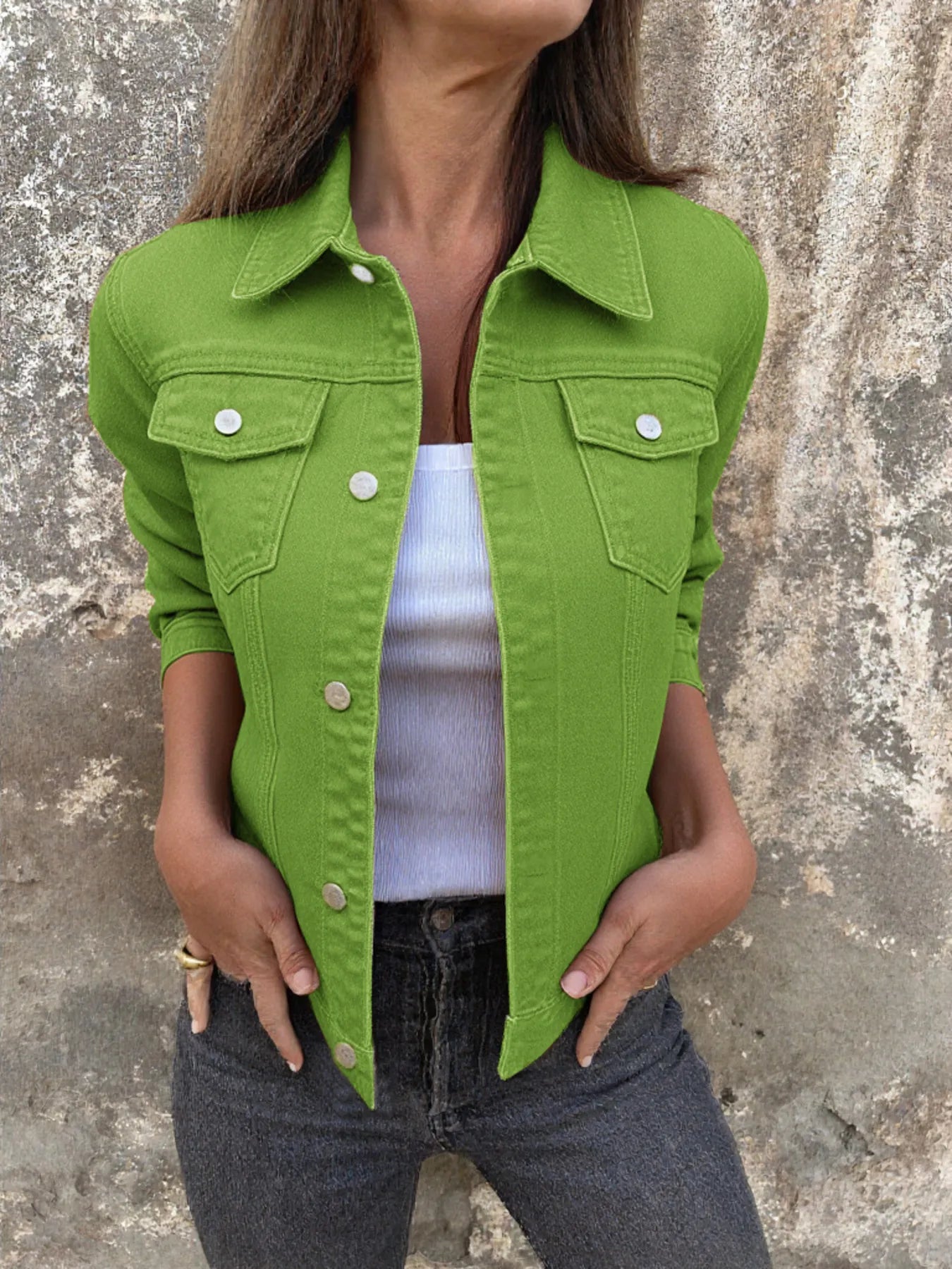 Button Front Closure Denim Jacket designed for comfort and style at Lookzlike