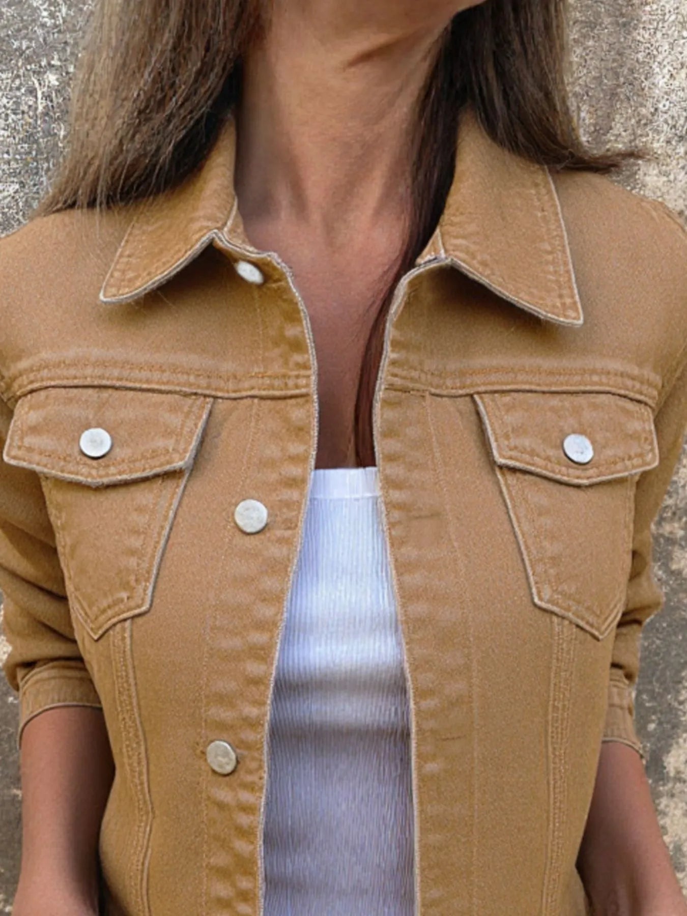Button Front Closure Denim Jacket designed for comfort and style at Lookzlike