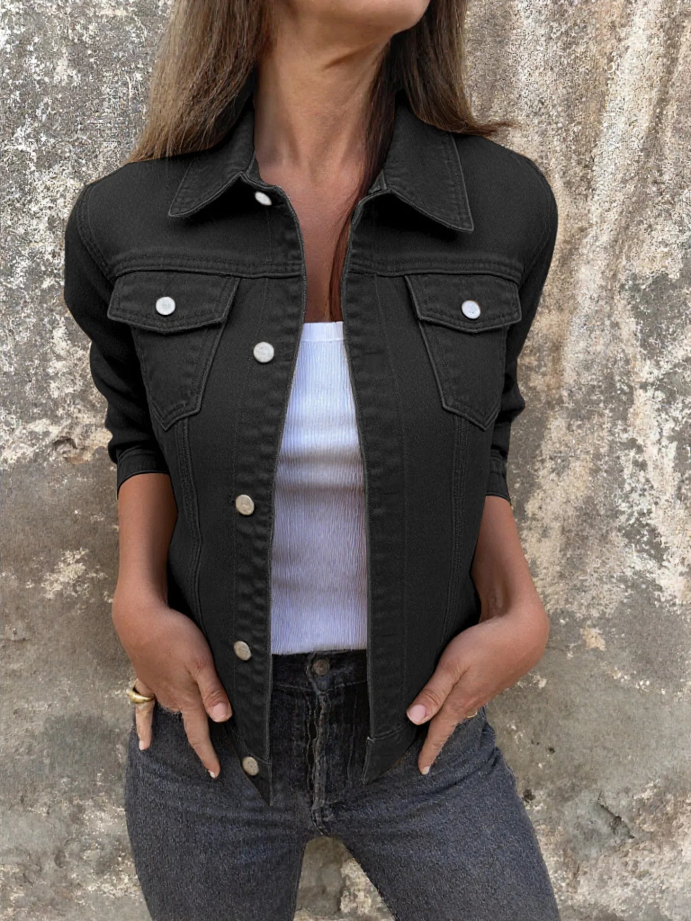 Button Front Closure Denim Jacket designed for comfort and style at Lookzlike
