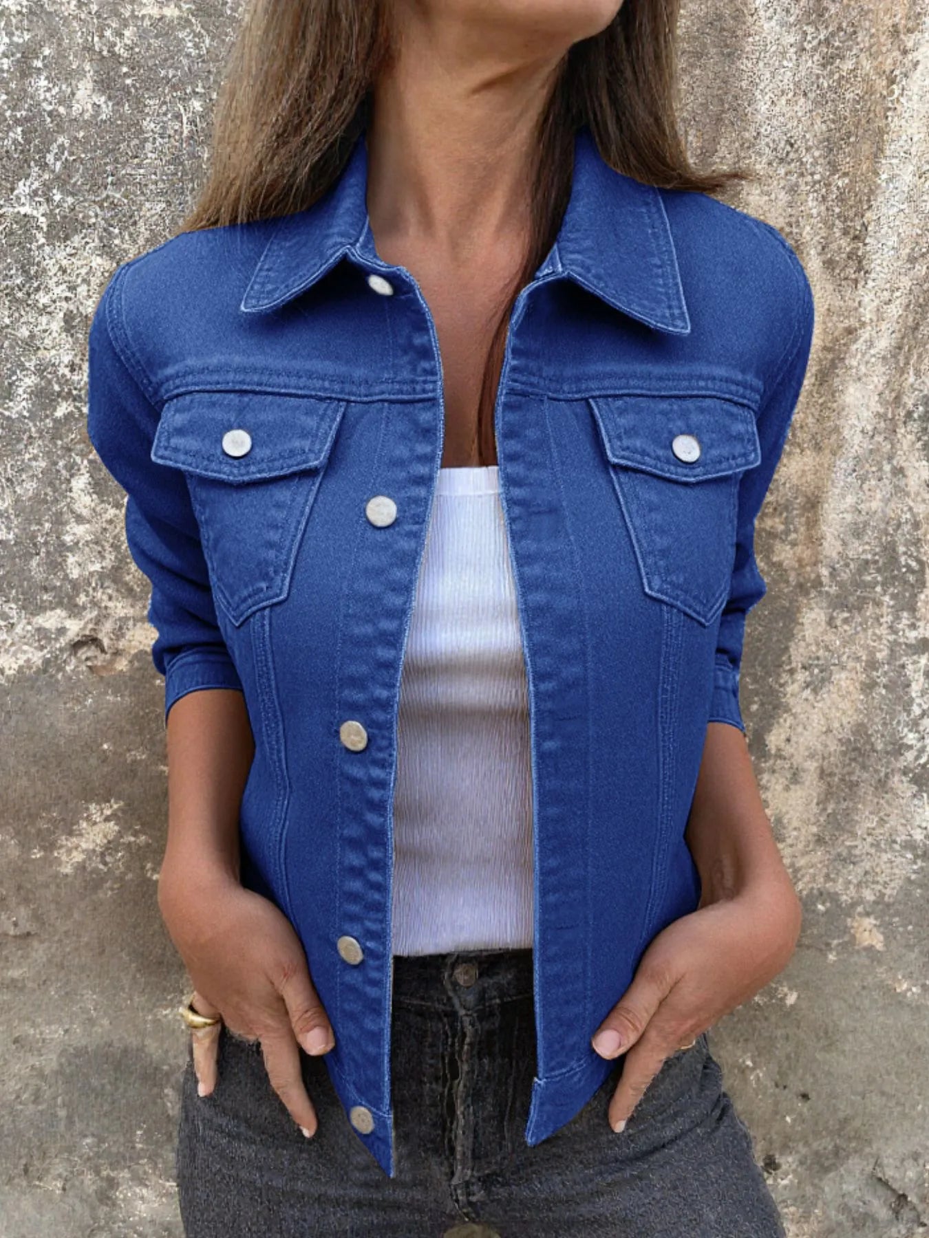 Button Front Closure Denim Jacket designed for comfort and style at Lookzlike