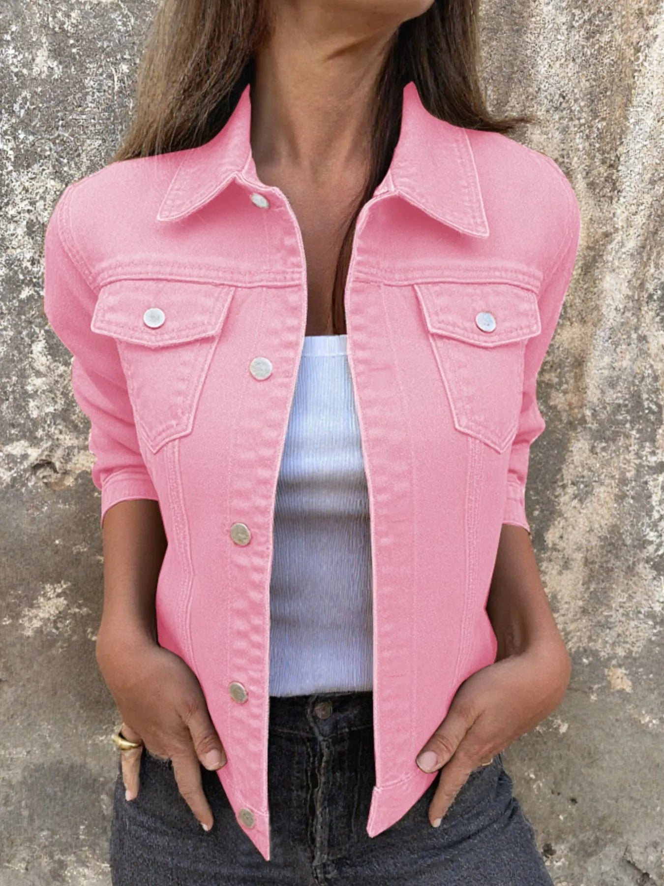 Button Front Closure Denim Jacket designed for comfort and style at Lookzlike