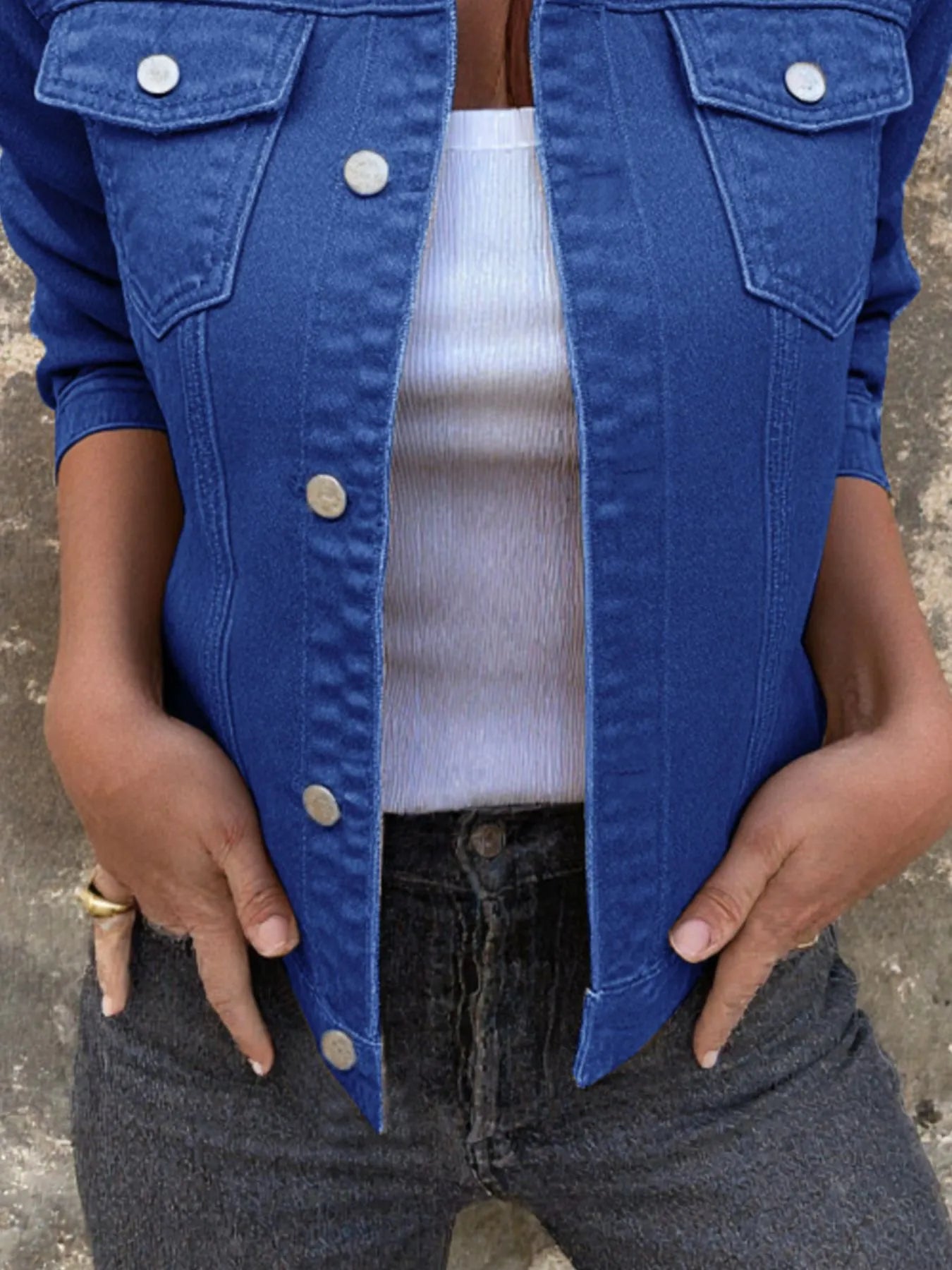 Button Front Closure Denim Jacket designed for comfort and style at Lookzlike