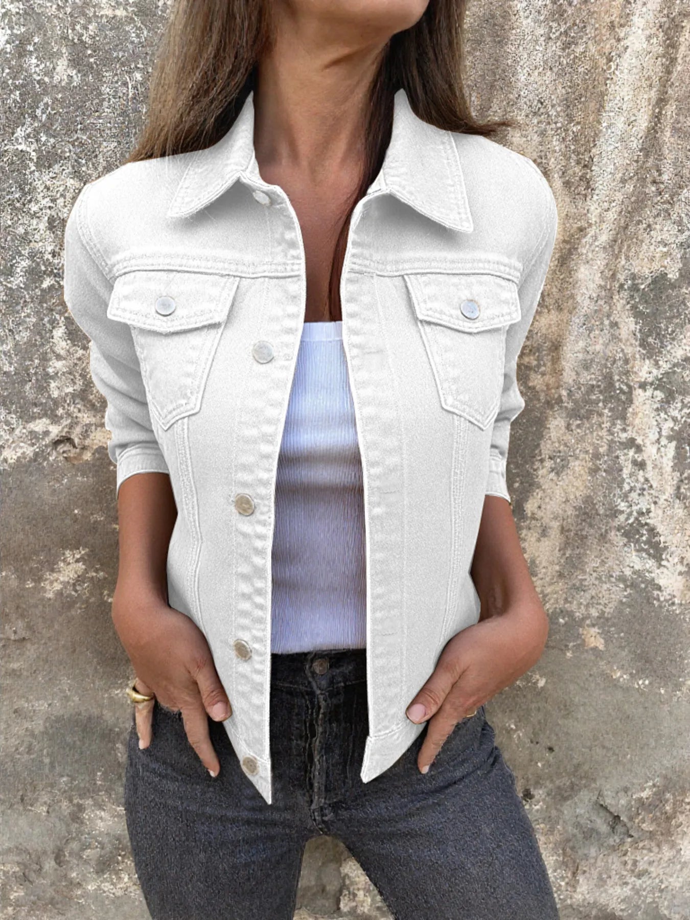 Button Front Closure Denim Jacket designed for comfort and style at Lookzlike