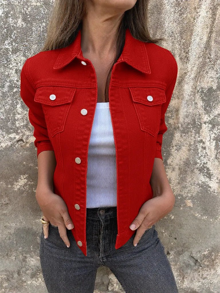 Button Front Closure Denim Jacket designed for comfort and style at Lookzlike