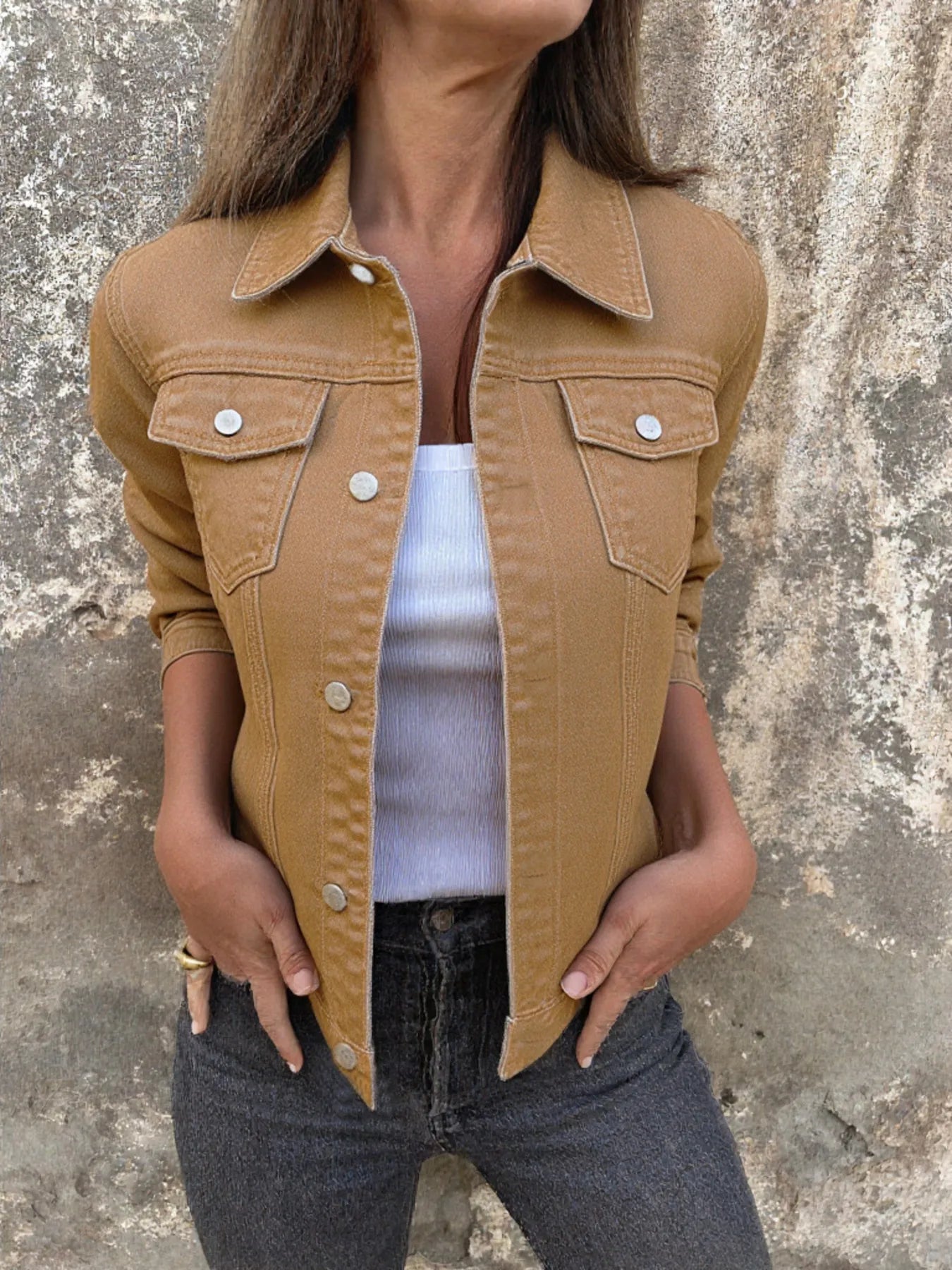 Button Front Closure Denim Jacket designed for comfort and style at Lookzlike