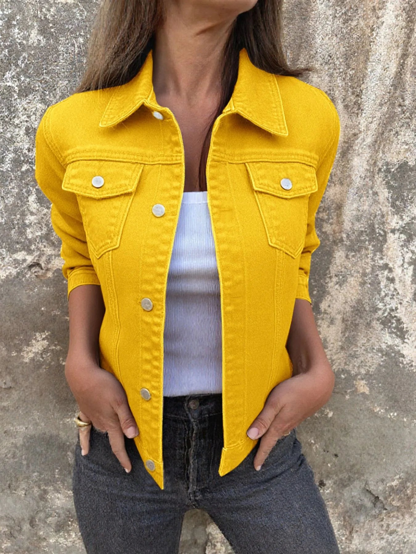 Button Front Closure Denim Jacket designed for comfort and style at Lookzlike