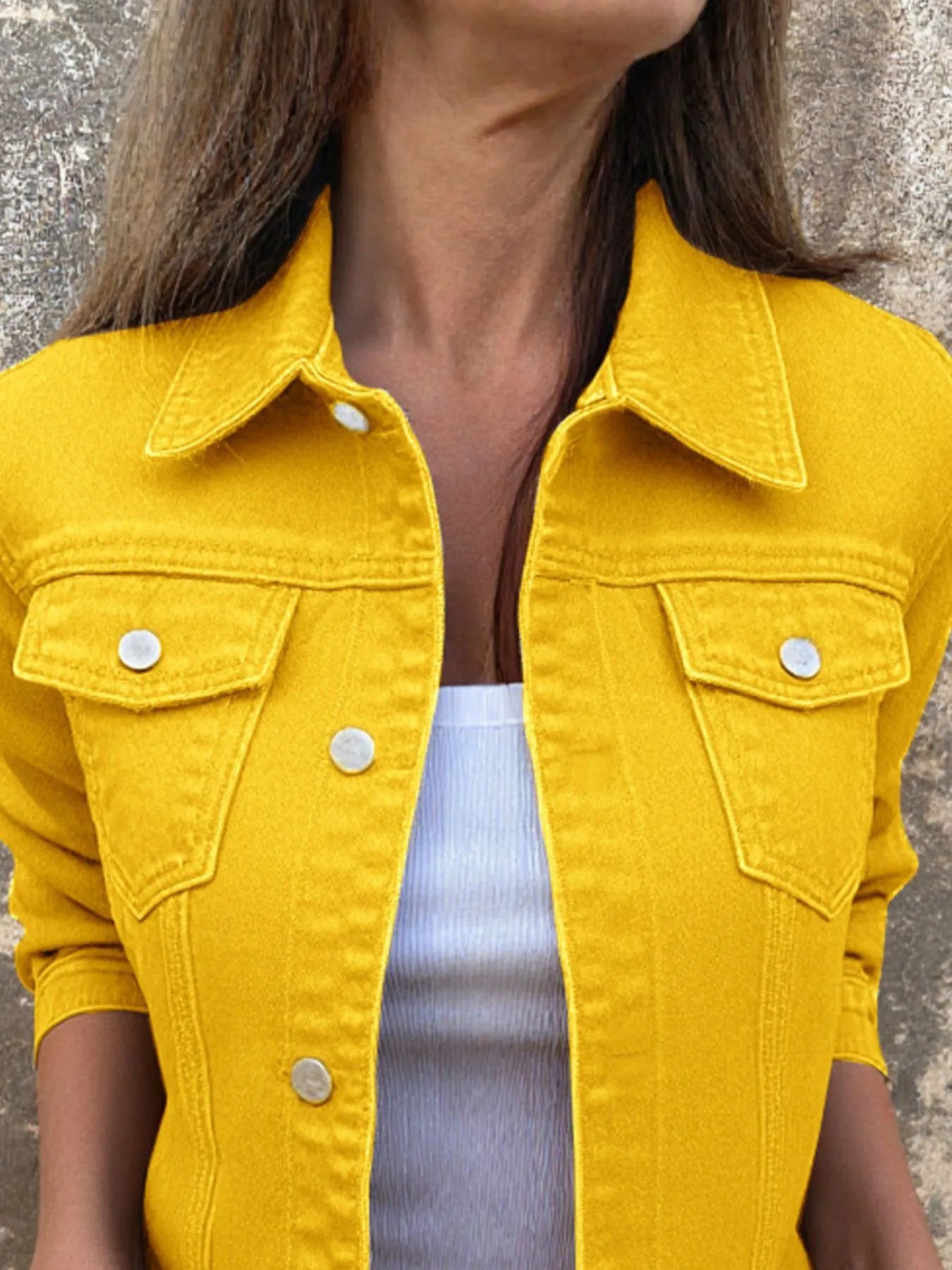 Button Front Closure Denim Jacket designed for comfort and style at Lookzlike