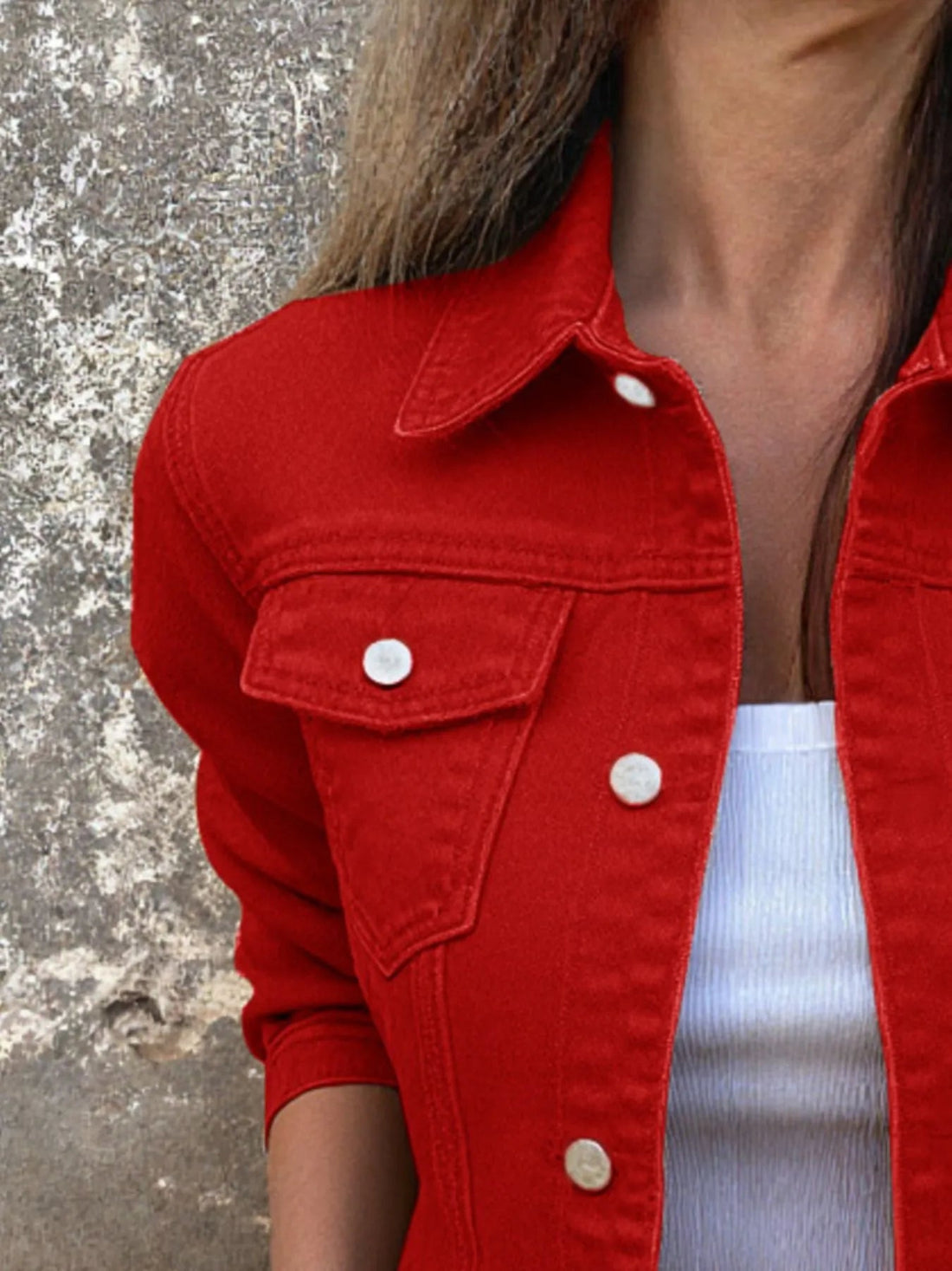 Button Front Closure Denim Jacket designed for comfort and style at Lookzlike
