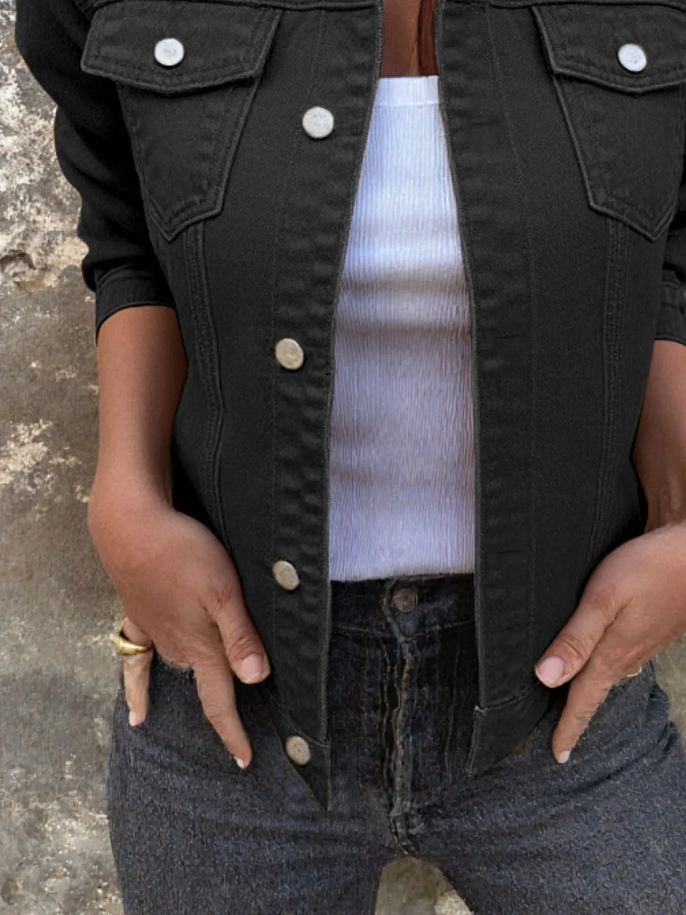 Button Front Closure Denim Jacket designed for comfort and style at Lookzlike