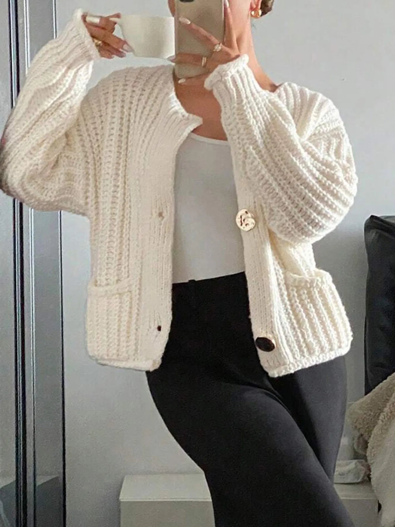 Button - Front Knit Cardigan with Pockets designed for comfort and style at Lookzlike