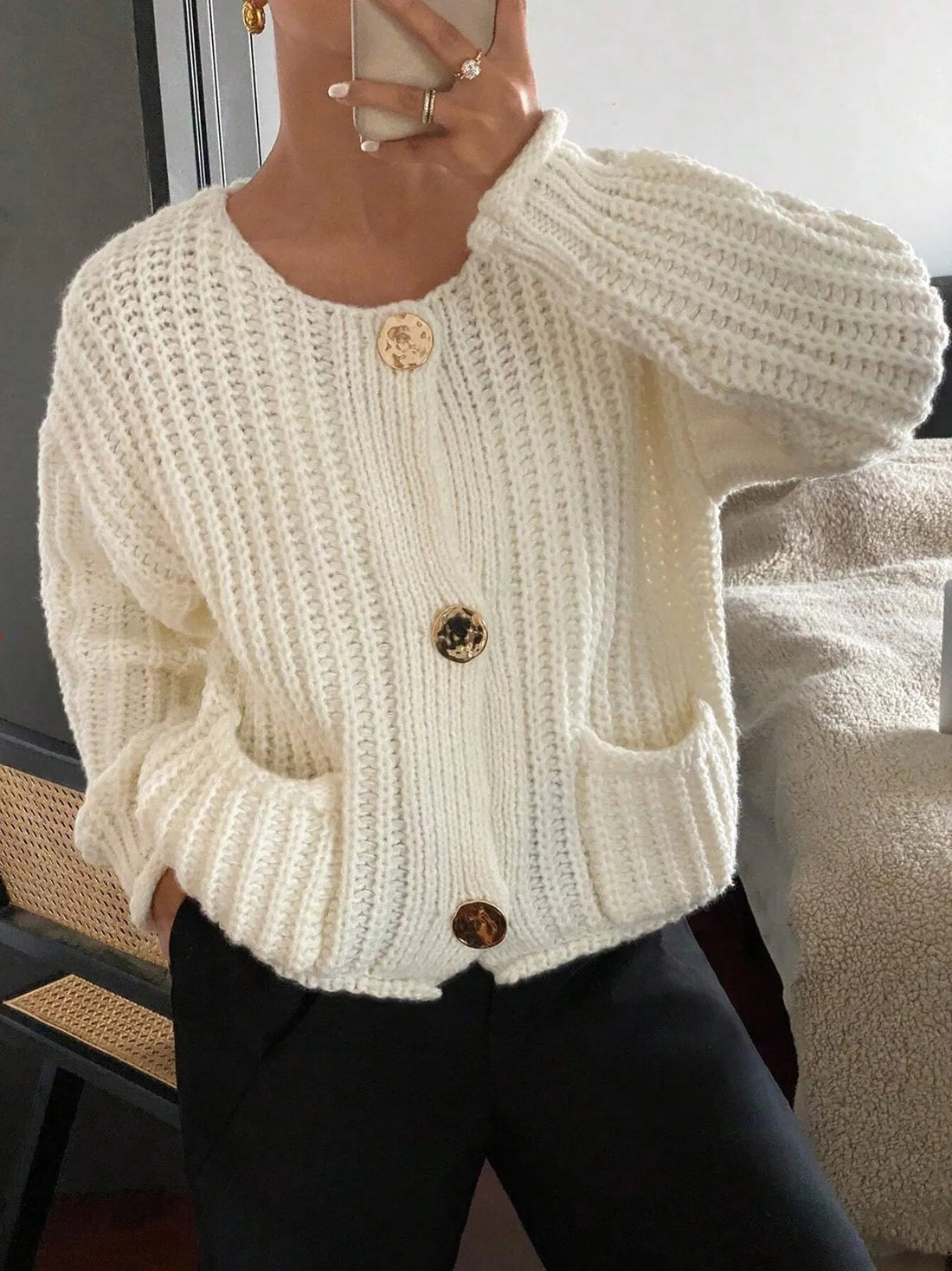 Button - Front Knit Cardigan with Pockets designed for comfort and style at Lookzlike