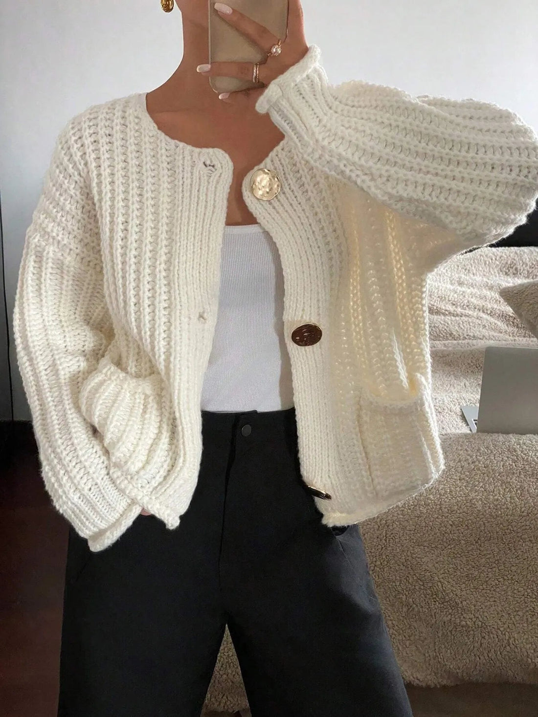 Button - Front Knit Cardigan with Pockets designed for comfort and style at Lookzlike
