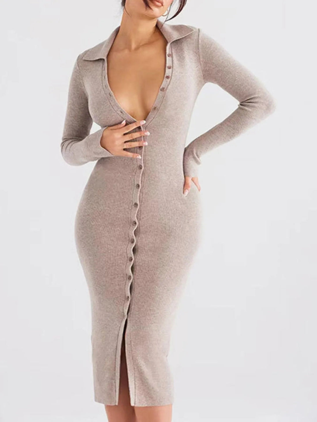 Button Front Long Sleeve Sweater Dress designed for comfort and style at Lookzlike