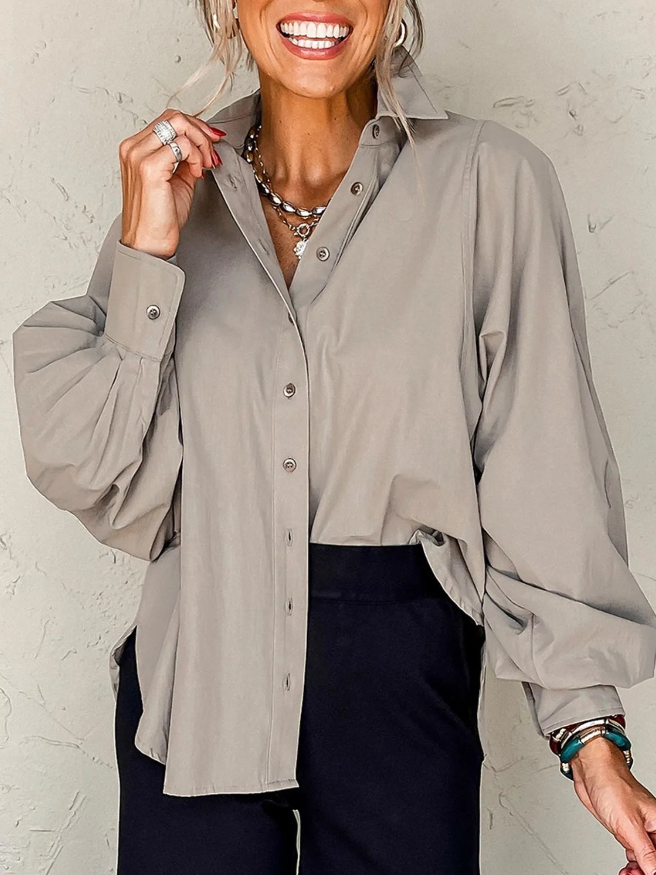Button Up Lantern Sleeve Shirt designed for comfort and style at Lookzlike