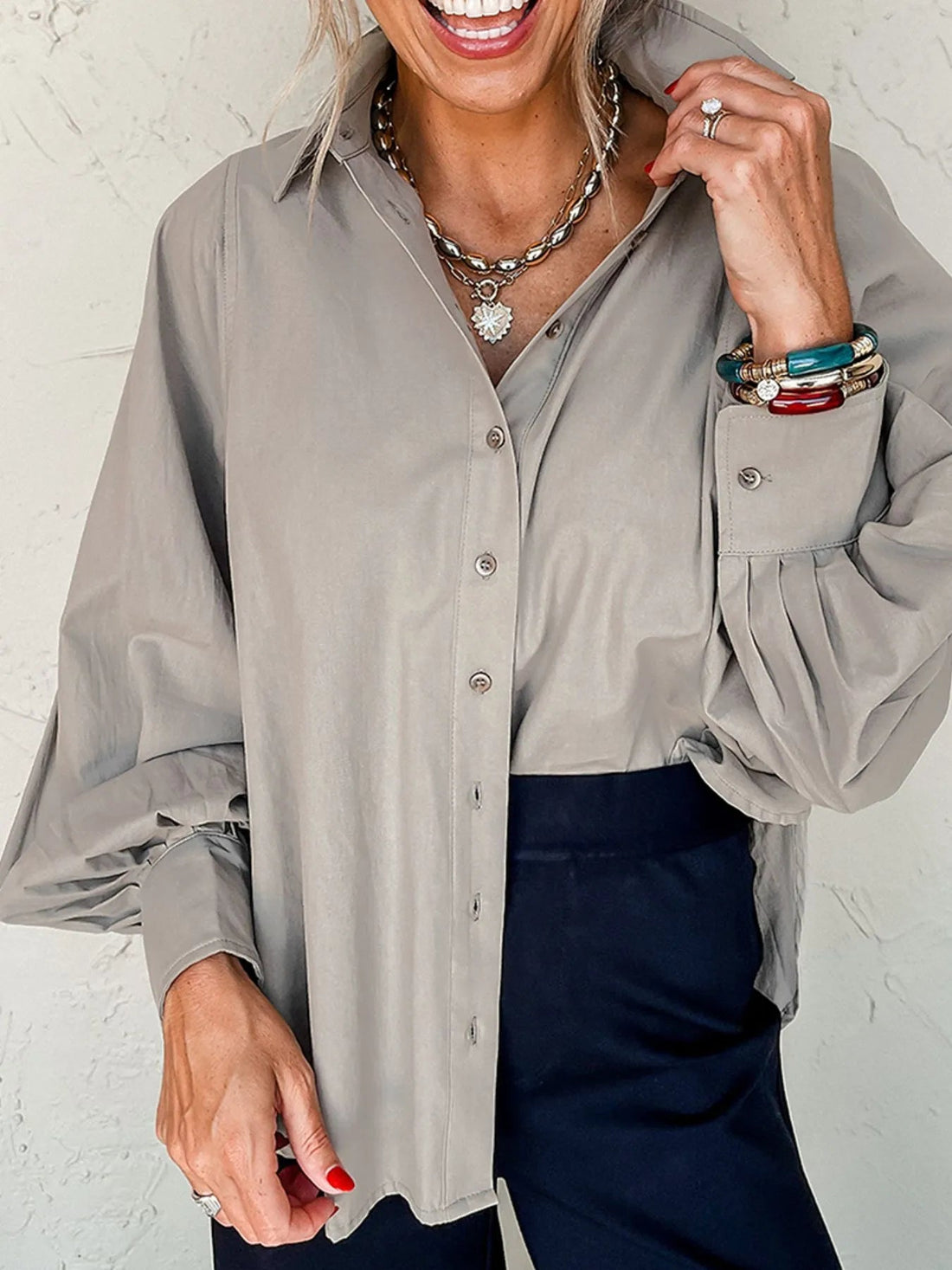 Button Up Lantern Sleeve Shirt designed for comfort and style at Lookzlike