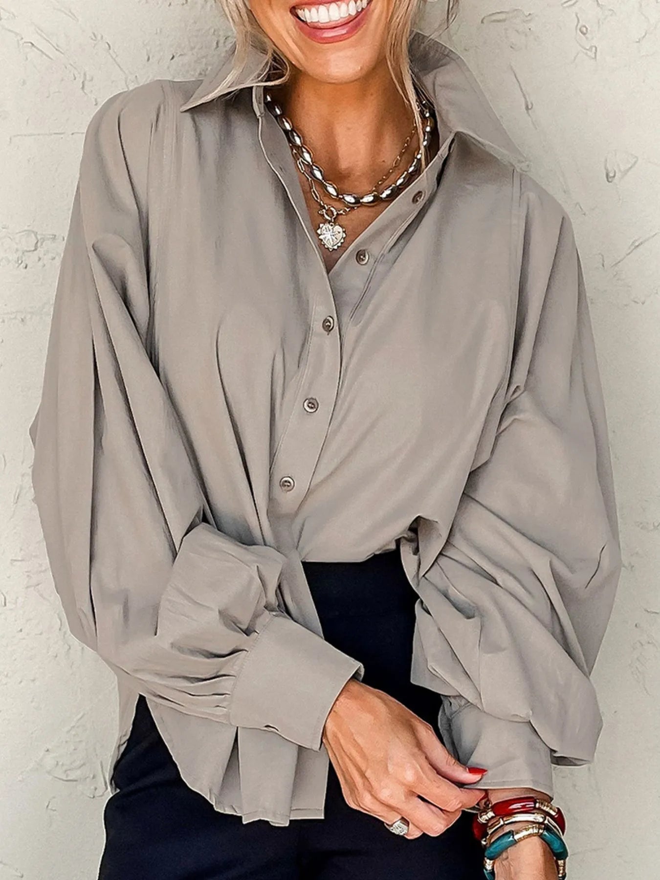 Button Up Lantern Sleeve Shirt designed for comfort and style at Lookzlike