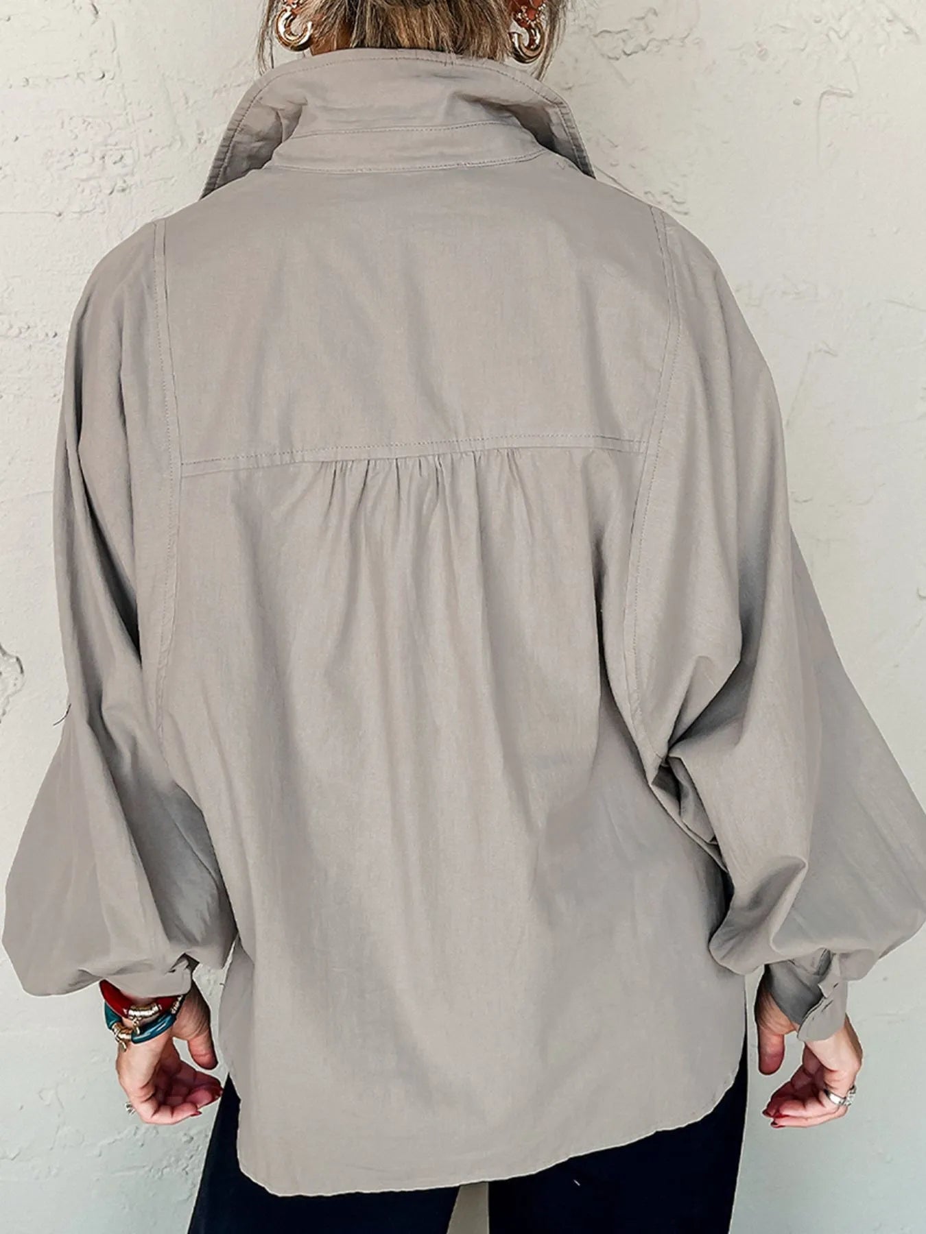 Button Up Lantern Sleeve Shirt designed for comfort and style at Lookzlike