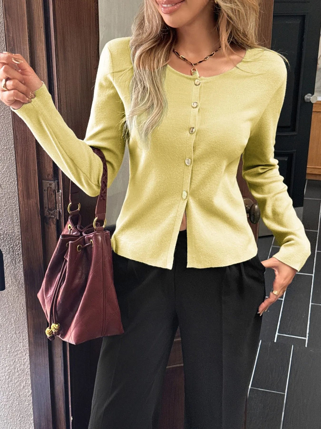 Button - Up Long Sleeve Knit Cardigan designed for comfort and style at Lookzlike