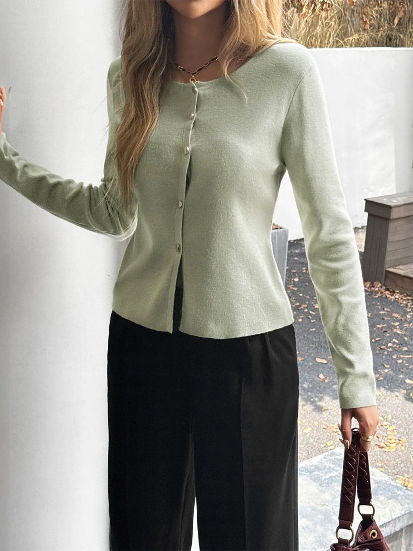 Button - Up Long Sleeve Knit Cardigan designed for comfort and style at Lookzlike