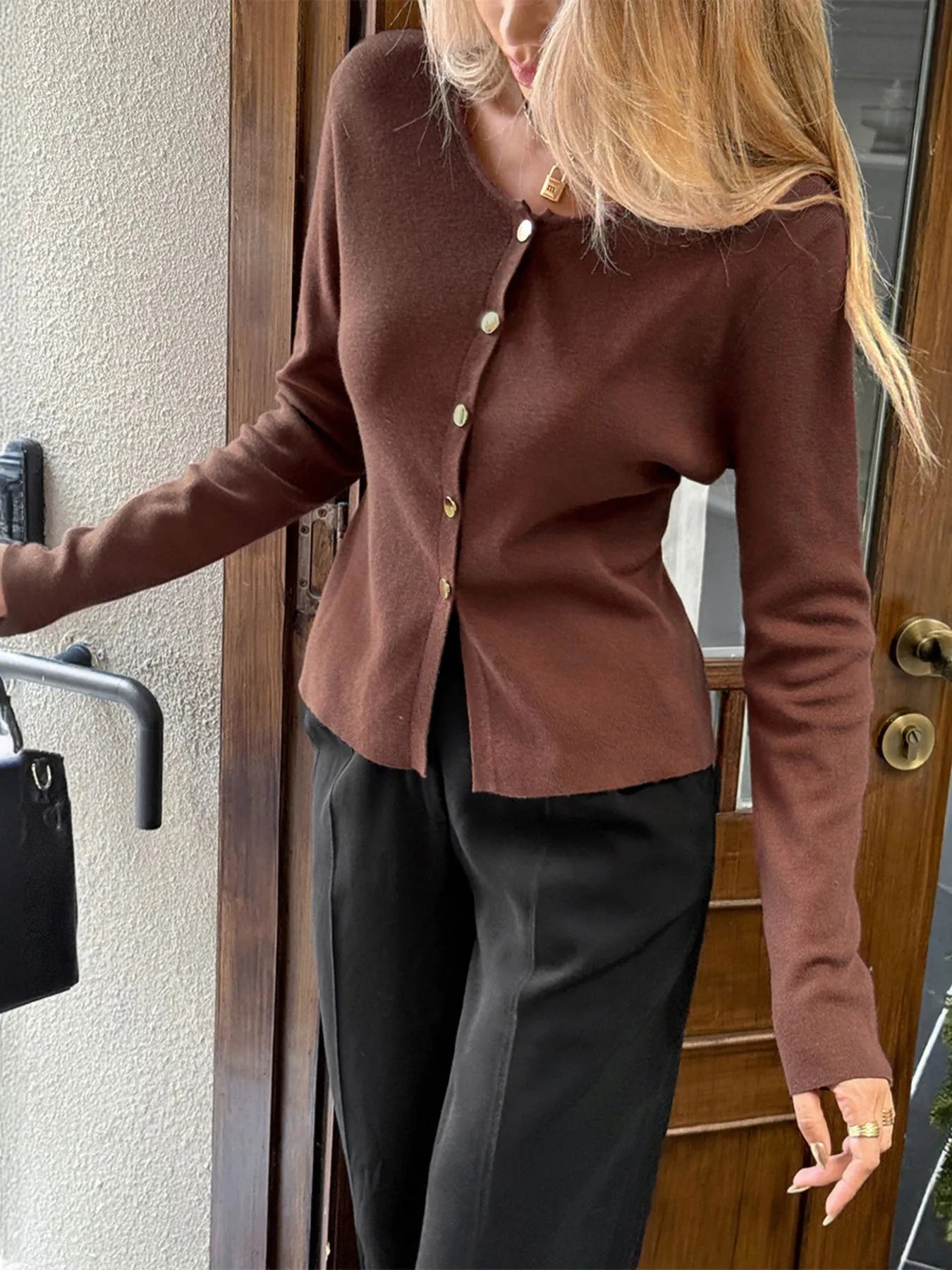 Button - Up Long Sleeve Knit Cardigan designed for comfort and style at Lookzlike