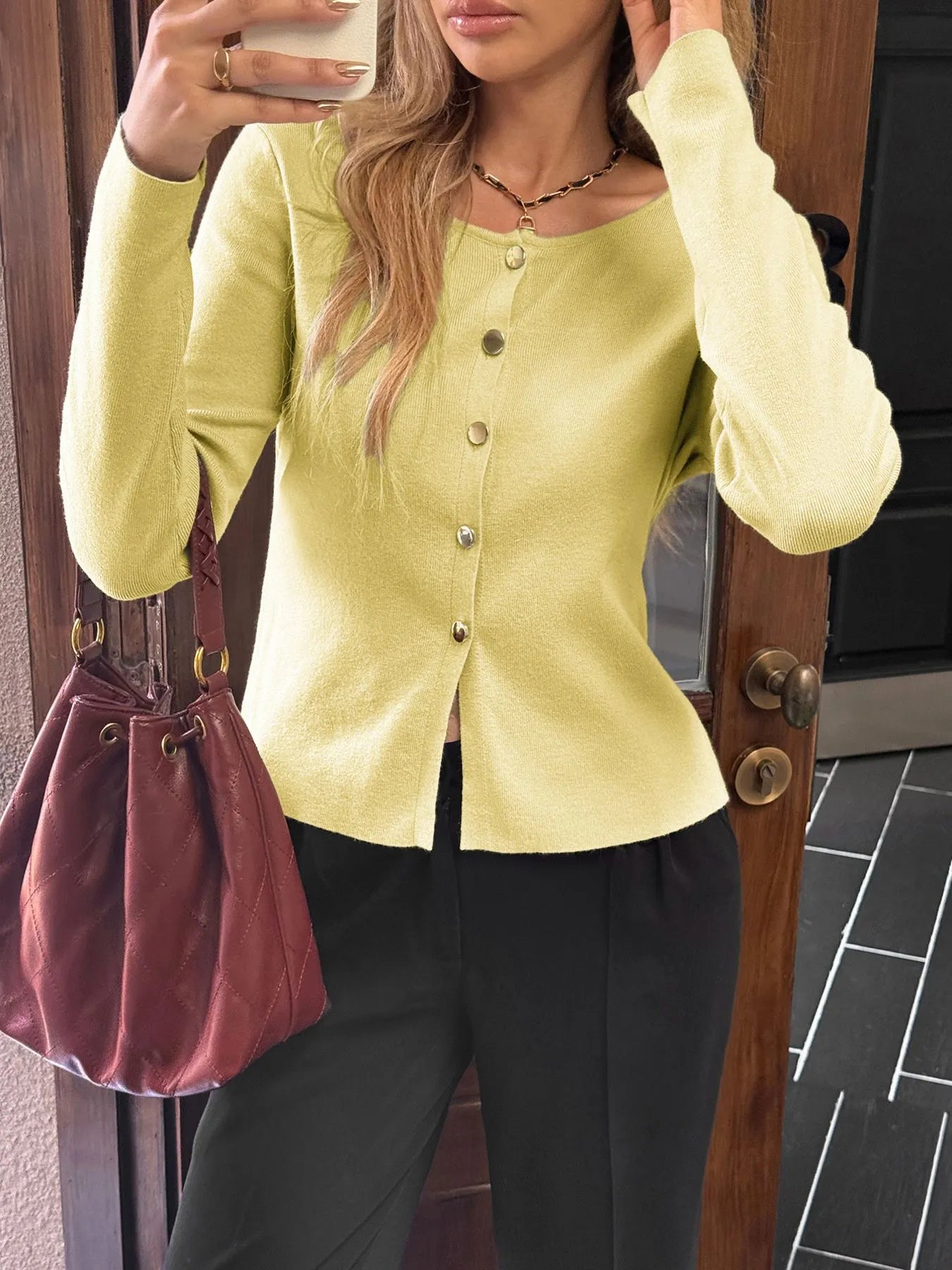 Button - Up Long Sleeve Knit Cardigan designed for comfort and style at Lookzlike