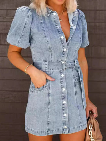 Button-Up Puff Sleeve Denim Shirt Dress - Lookzlike