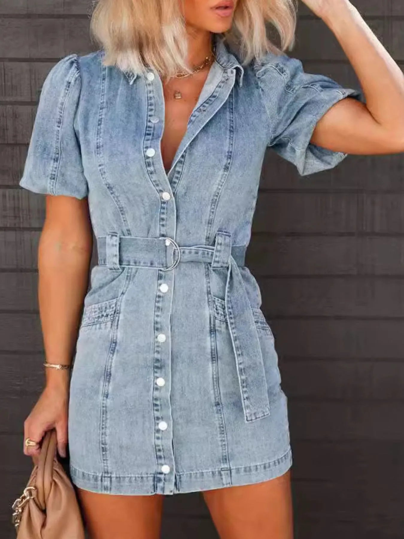 Button-Up Puff Sleeve Denim Shirt Dress - Lookzlike