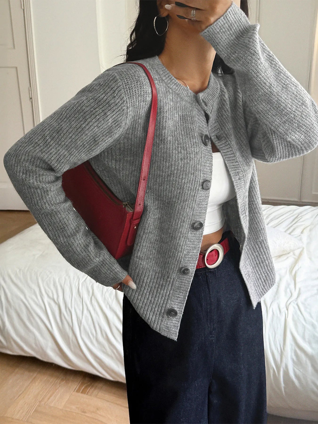 Button - Up Ribbed Knit Cardigan designed for comfort and style at Lookzlike