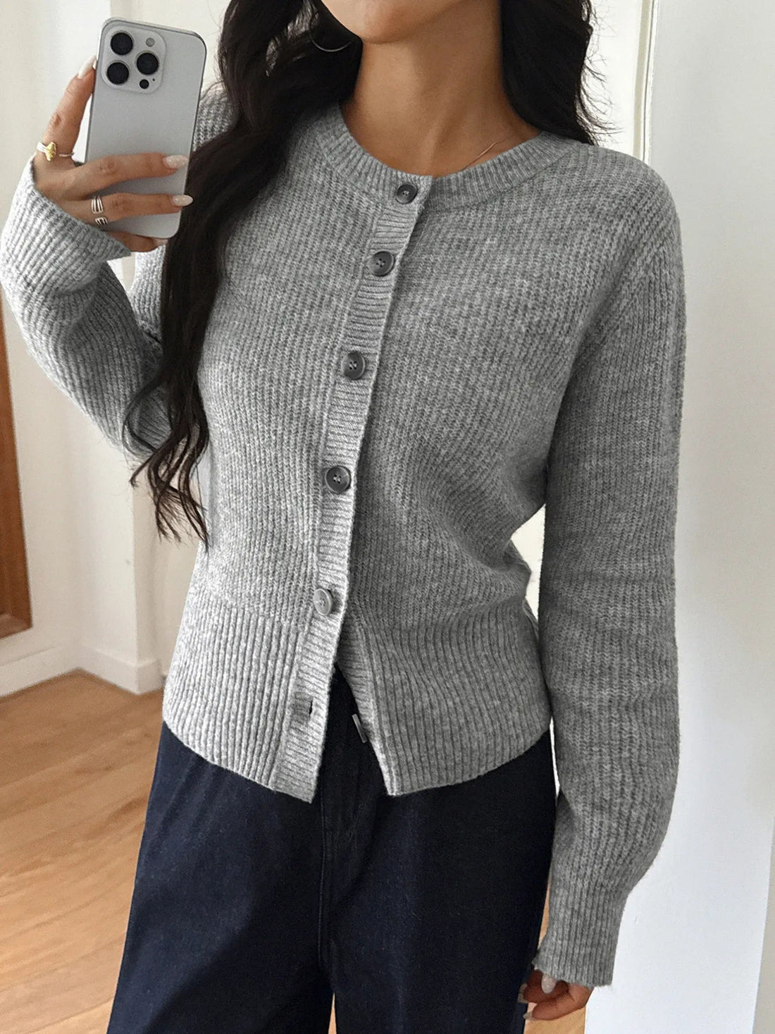 Button - Up Ribbed Knit Cardigan designed for comfort and style at Lookzlike