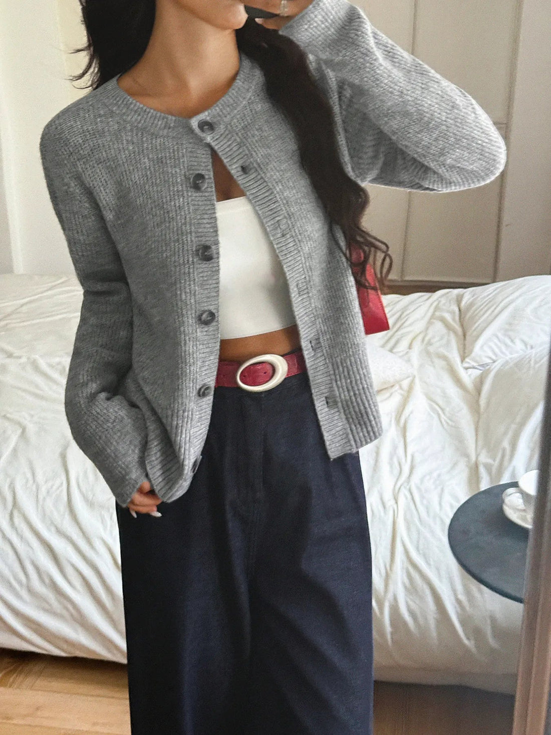 Button - Up Ribbed Knit Cardigan designed for comfort and style at Lookzlike