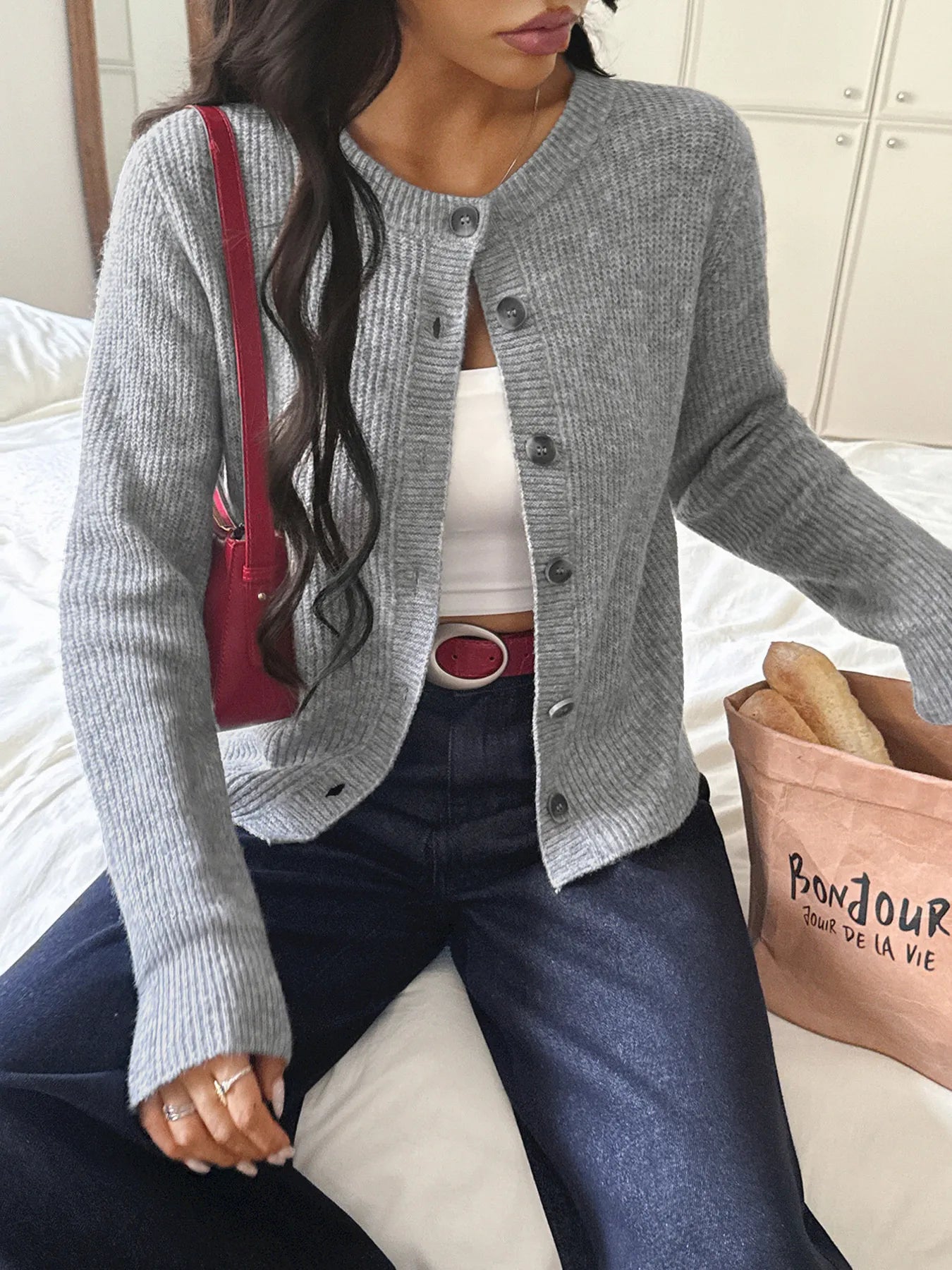 Button - Up Ribbed Knit Cardigan designed for comfort and style at Lookzlike