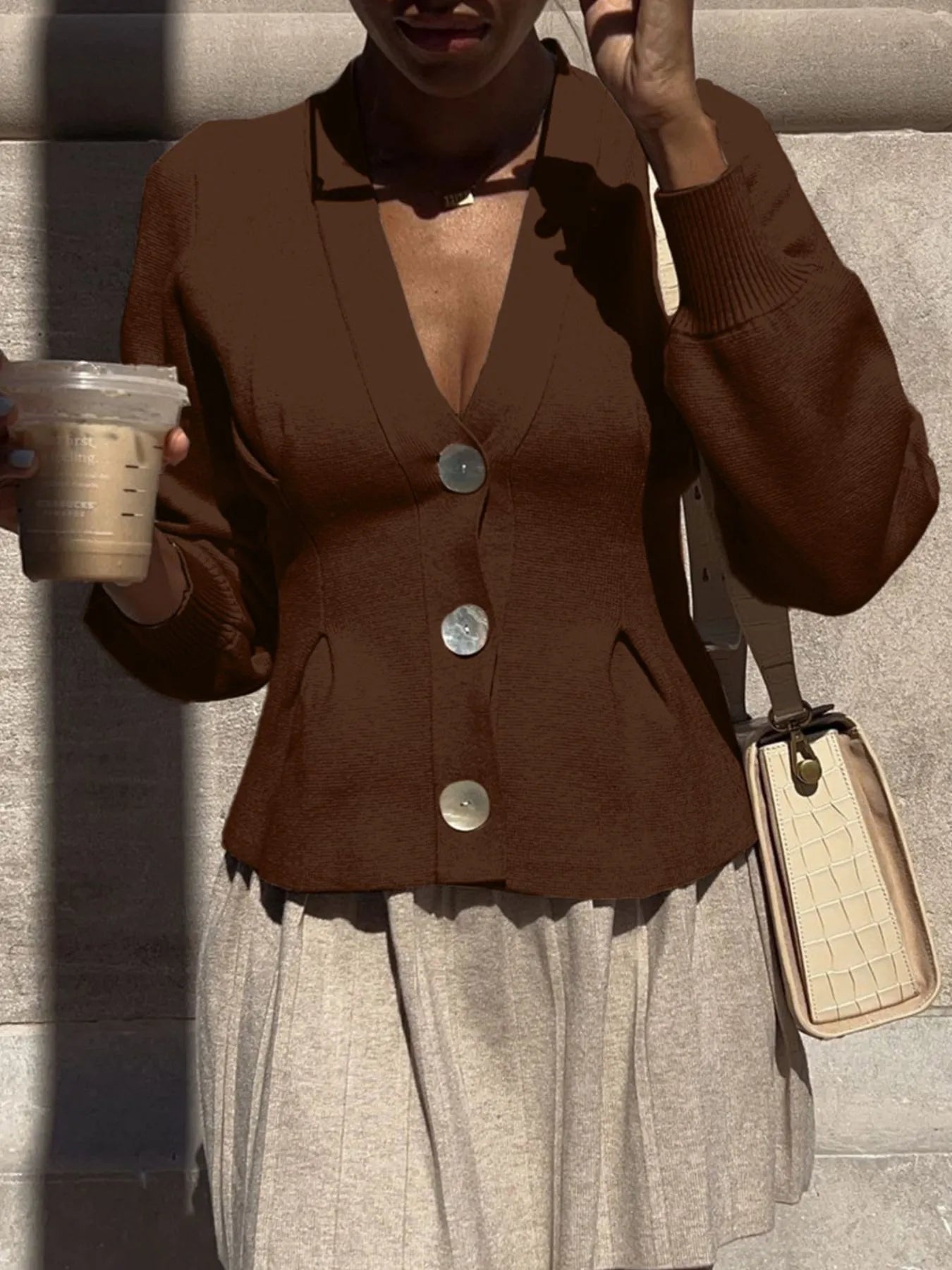 Button - Up V - Neck Knit Cardigan designed for comfort and style at Lookzlike