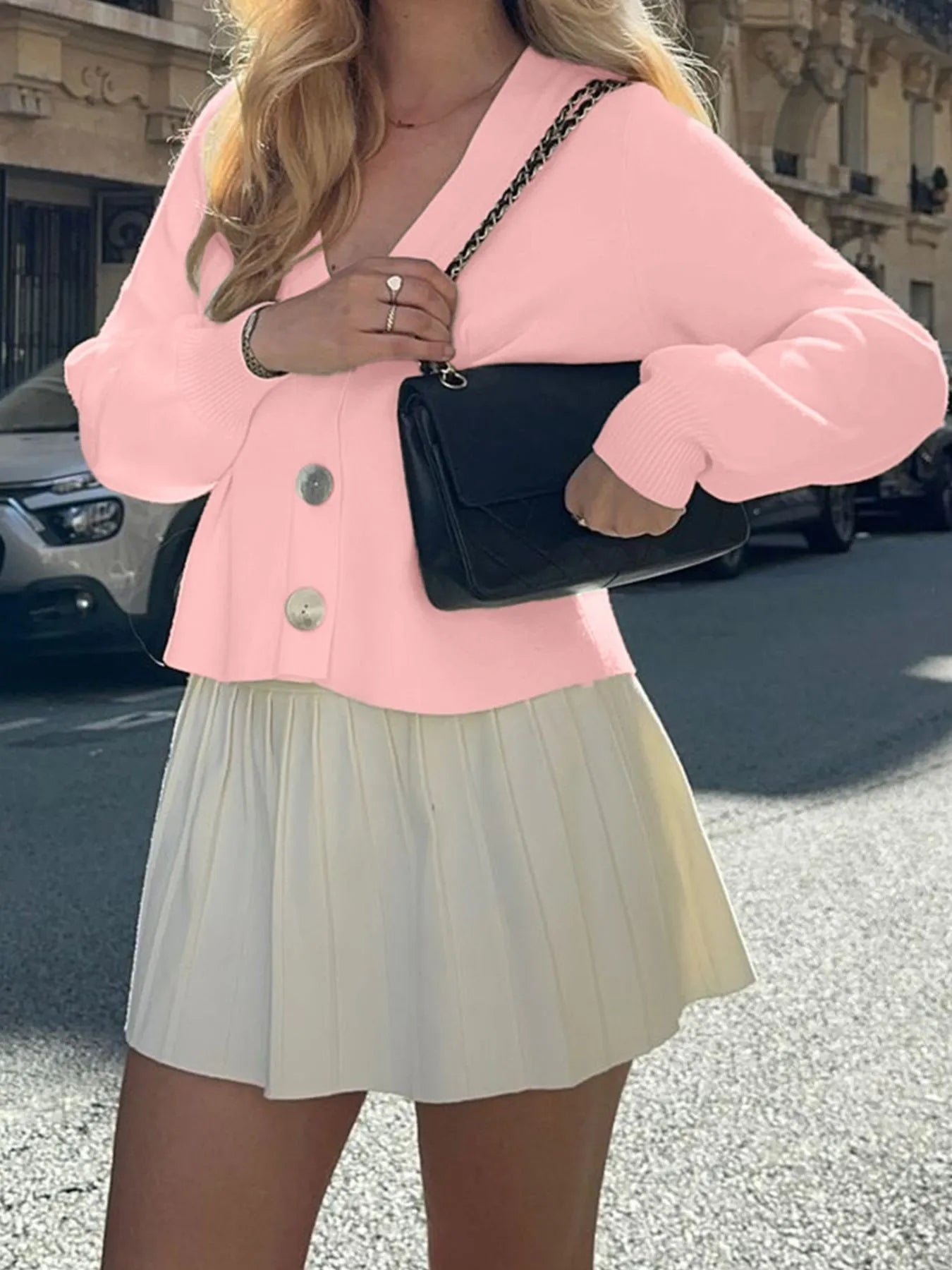 Button - Up V - Neck Knit Cardigan designed for comfort and style at Lookzlike