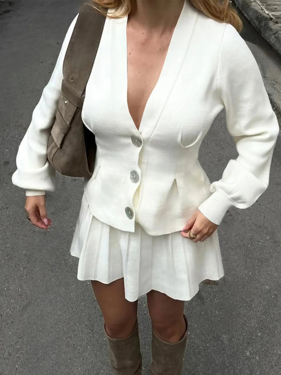 Button - Up V - Neck Knit Cardigan designed for comfort and style at Lookzlike