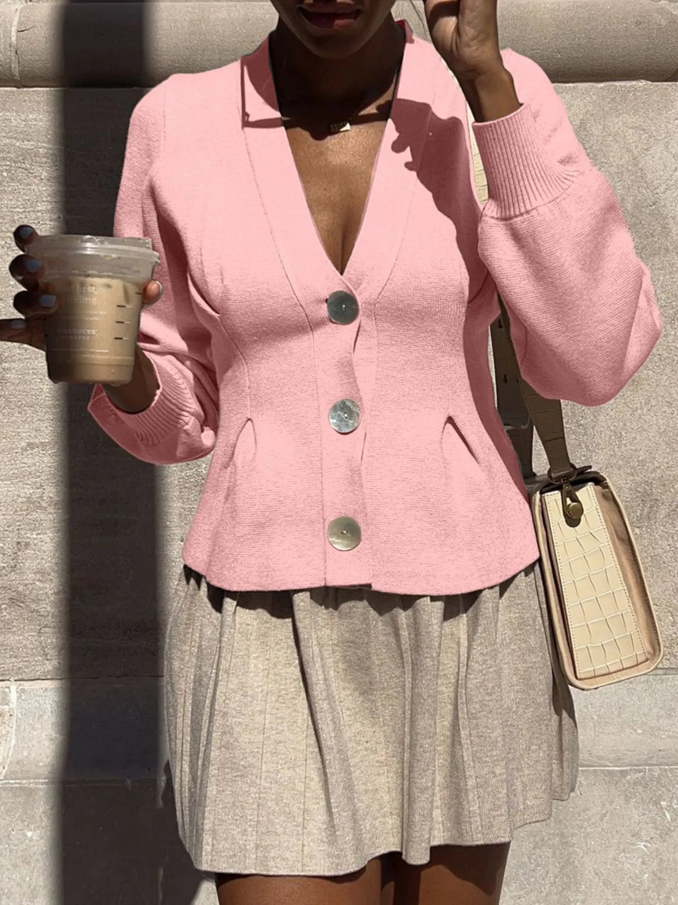 Button - Up V - Neck Knit Cardigan designed for comfort and style at Lookzlike