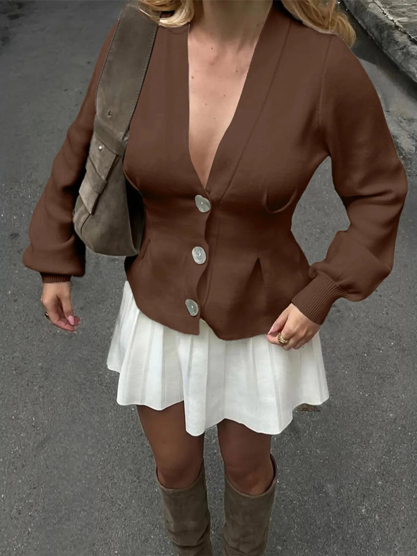 Button - Up V - Neck Knit Cardigan designed for comfort and style at Lookzlike