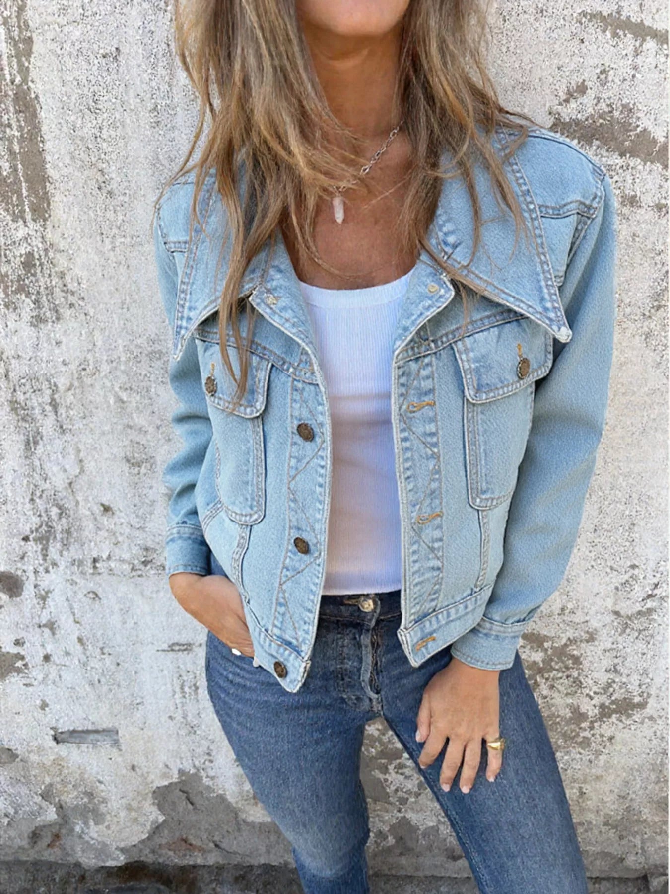 Button Up Wash Denim Jacket designed for comfort and style at Lookzlike