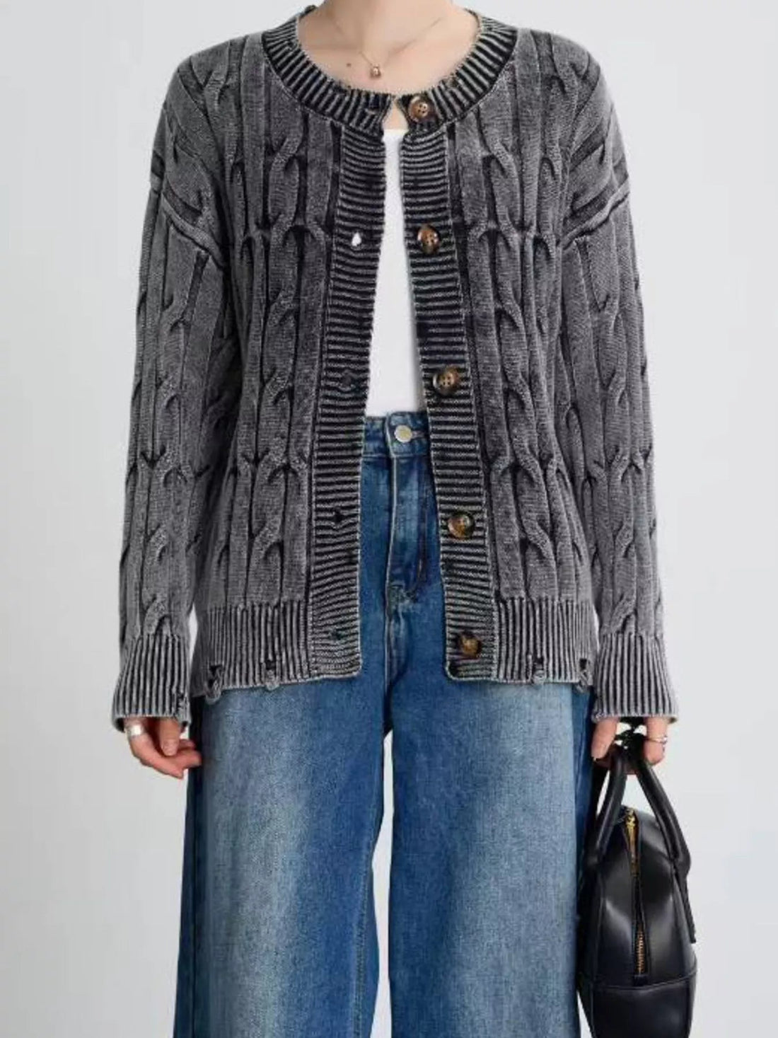 Cable Knit Button Up Cardigan designed for comfort and style at Lookzlike