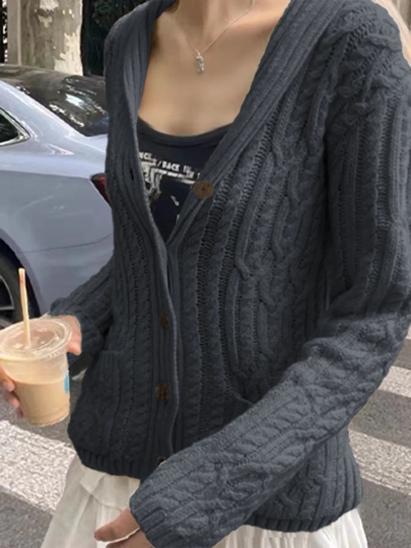 Cable Knit Button Up Cardigan designed for comfort and style at Lookzlike