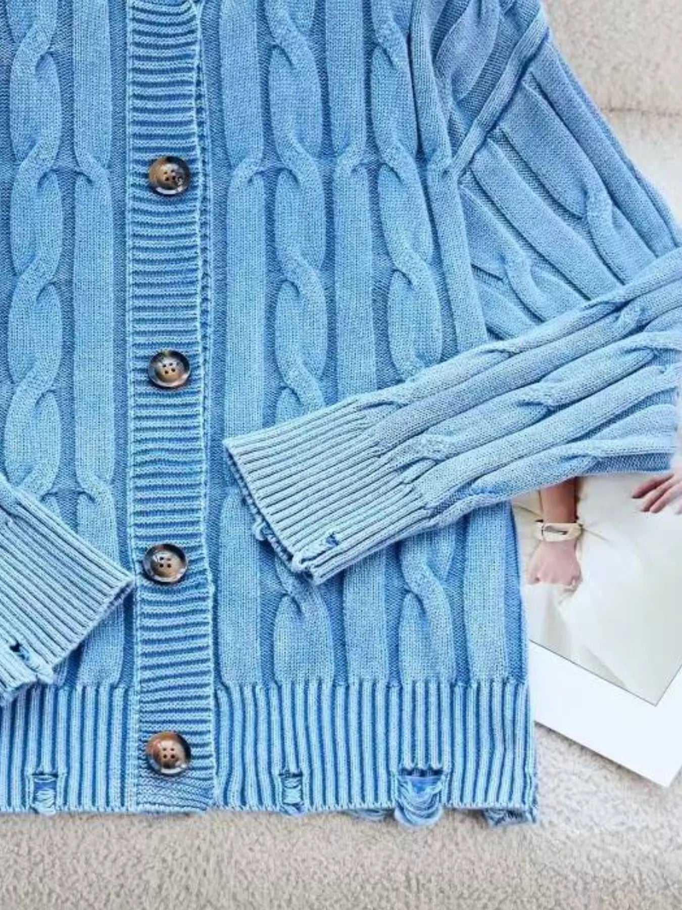 Cable Knit Button Up Cardigan designed for comfort and style at Lookzlike