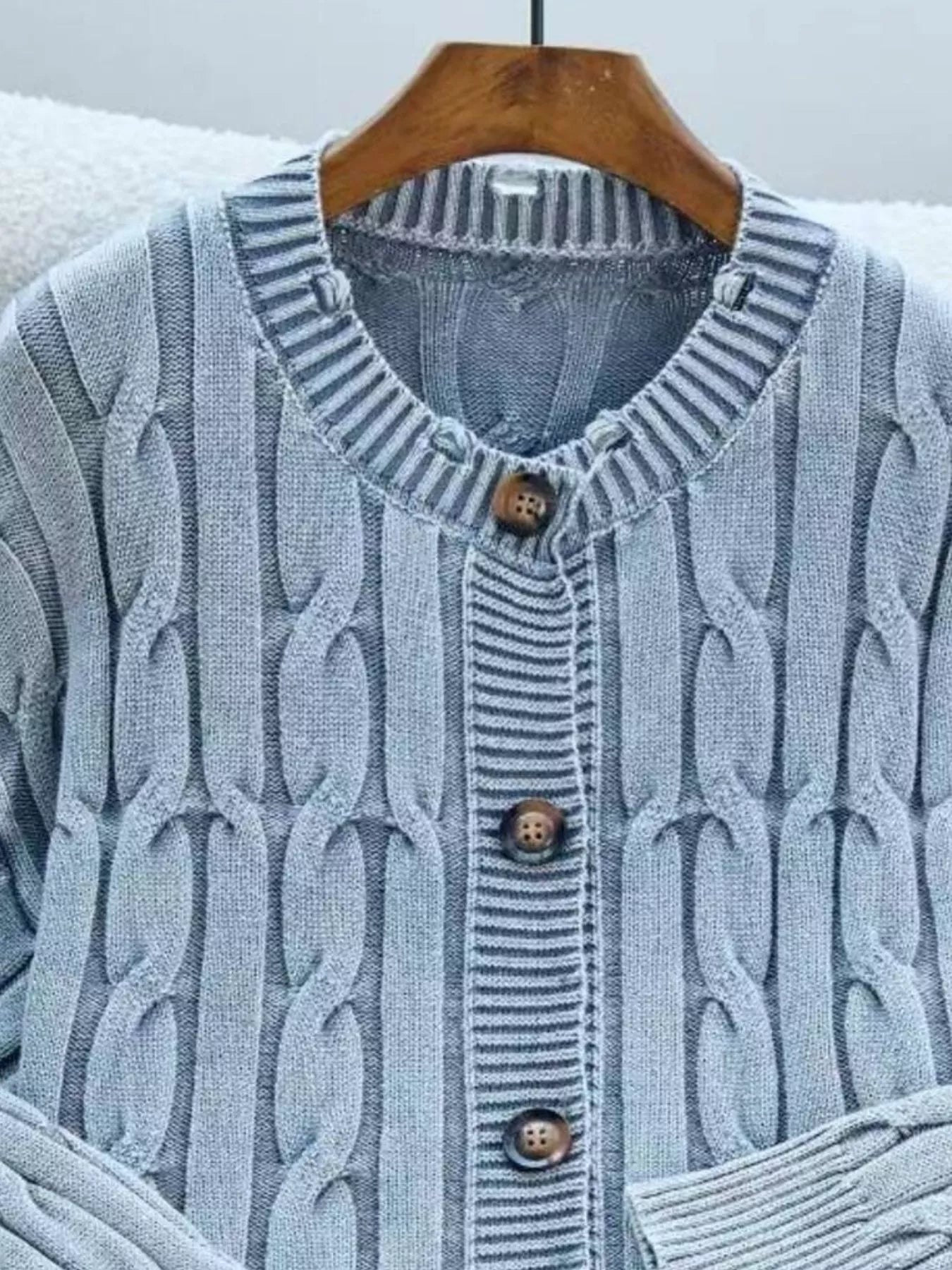 Cable Knit Button Up Cardigan designed for comfort and style at Lookzlike