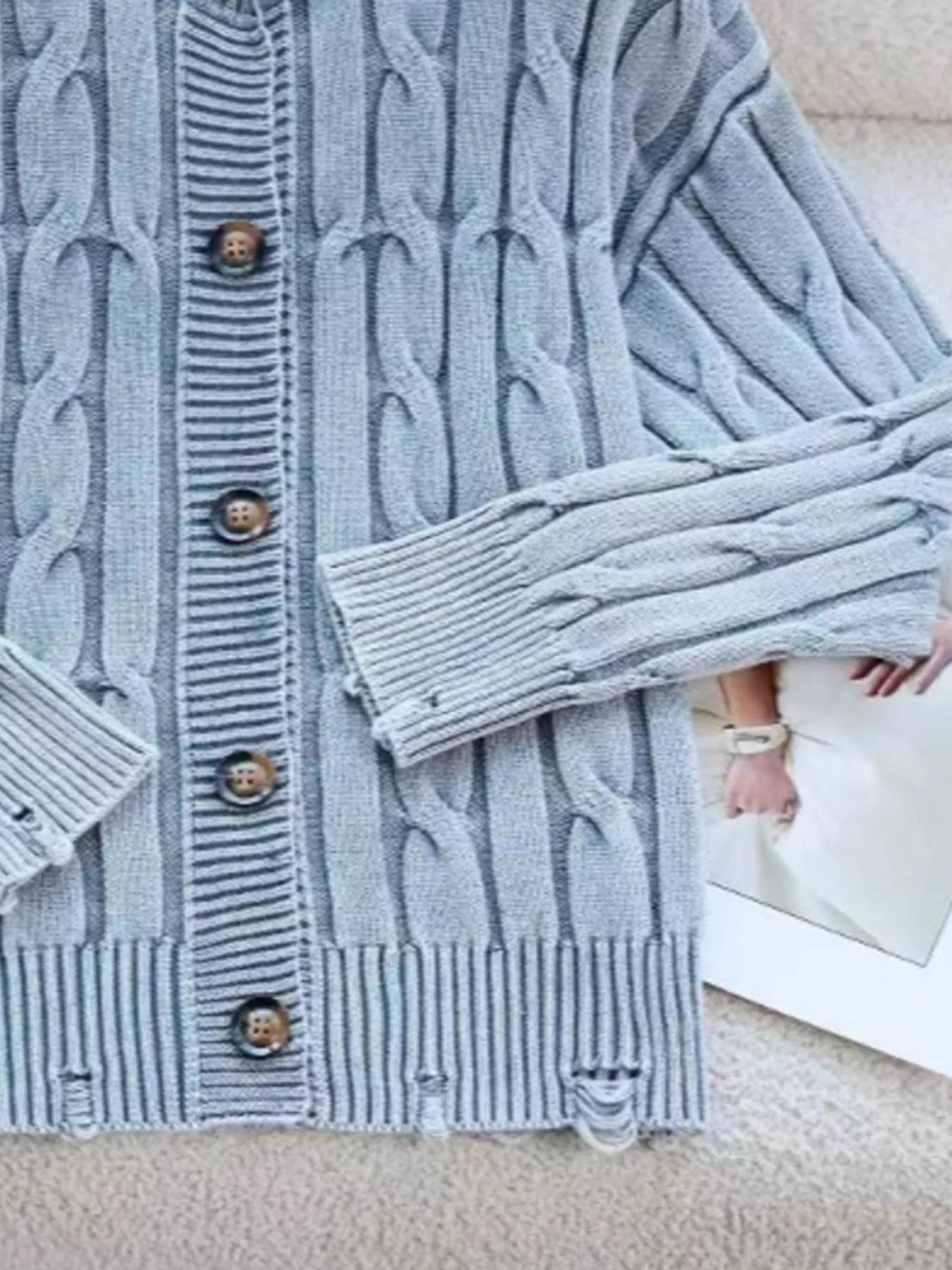 Cable Knit Button Up Cardigan designed for comfort and style at Lookzlike