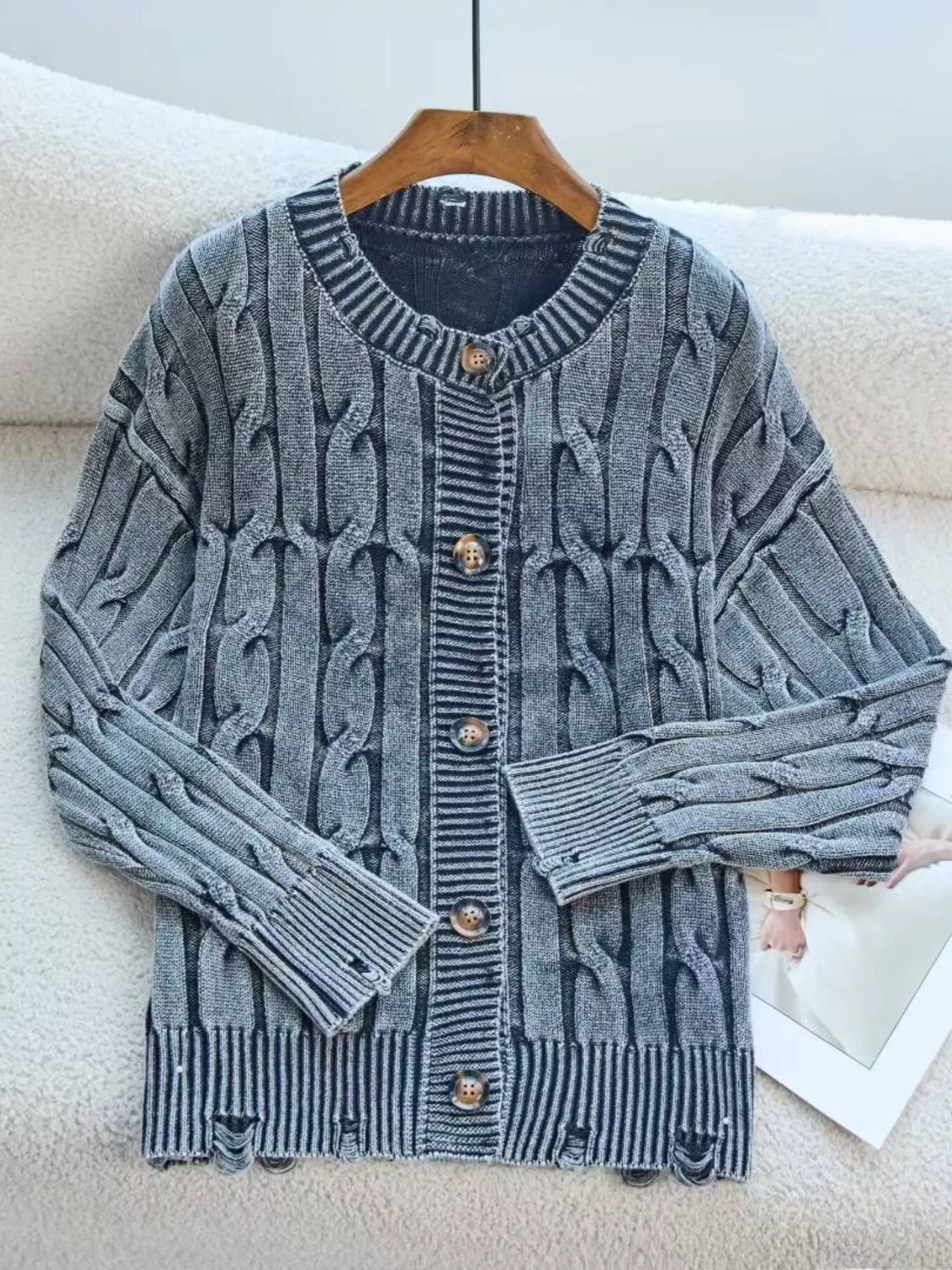 Cable Knit Button Up Cardigan designed for comfort and style at Lookzlike