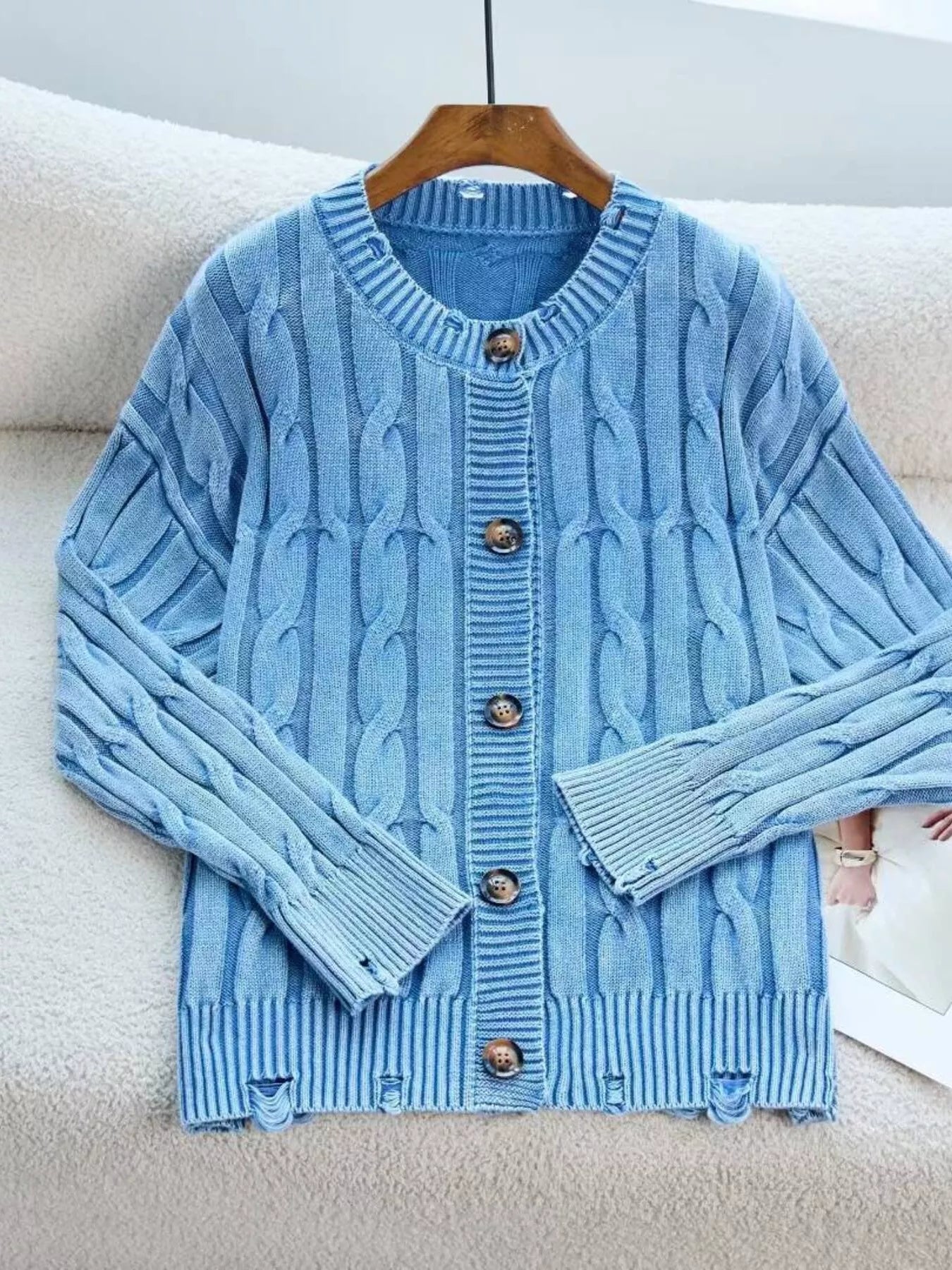 Cable Knit Button Up Cardigan designed for comfort and style at Lookzlike