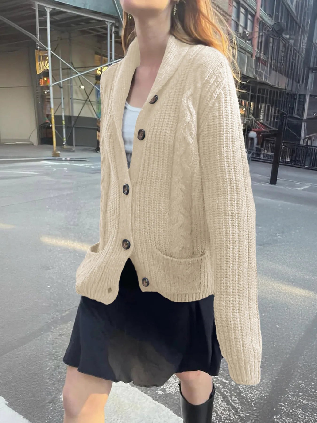 Cable Knit Button Up Cardigan designed for comfort and style at Lookzlike